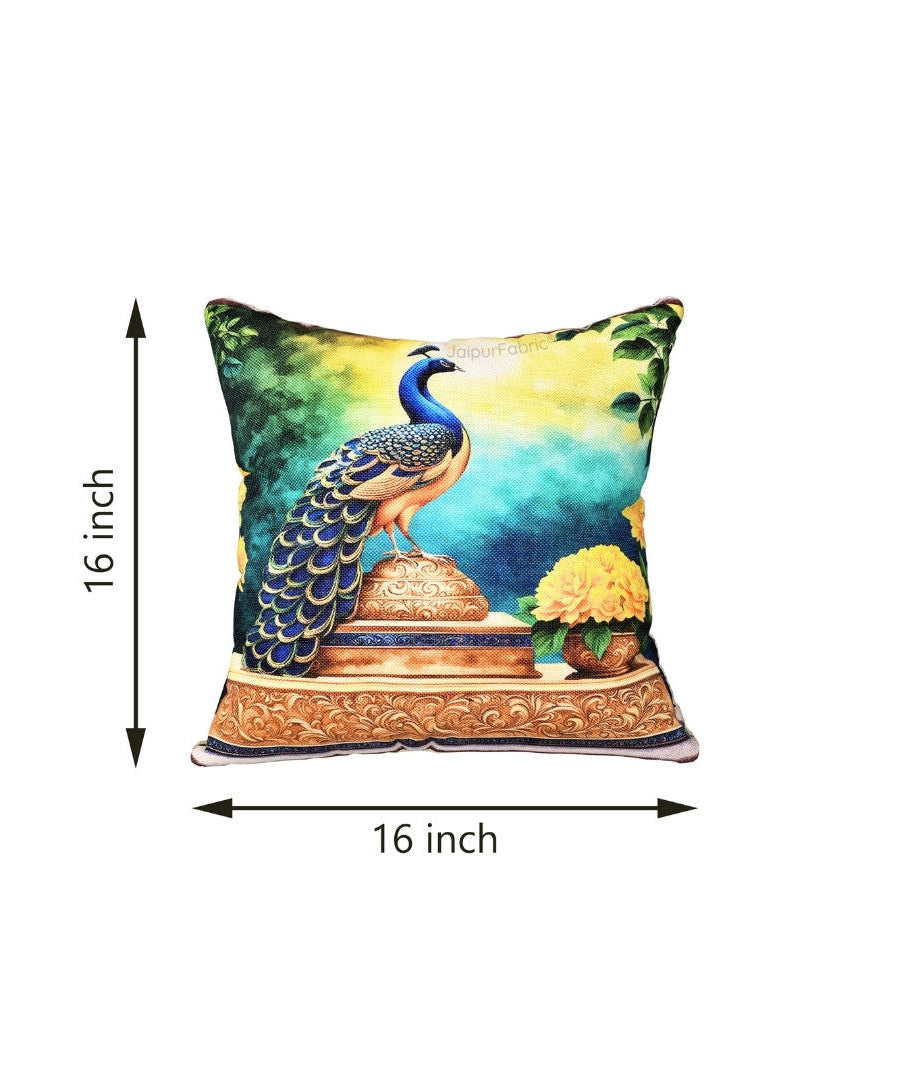 Festive Peacock Jute Digital Print Cushion Cover