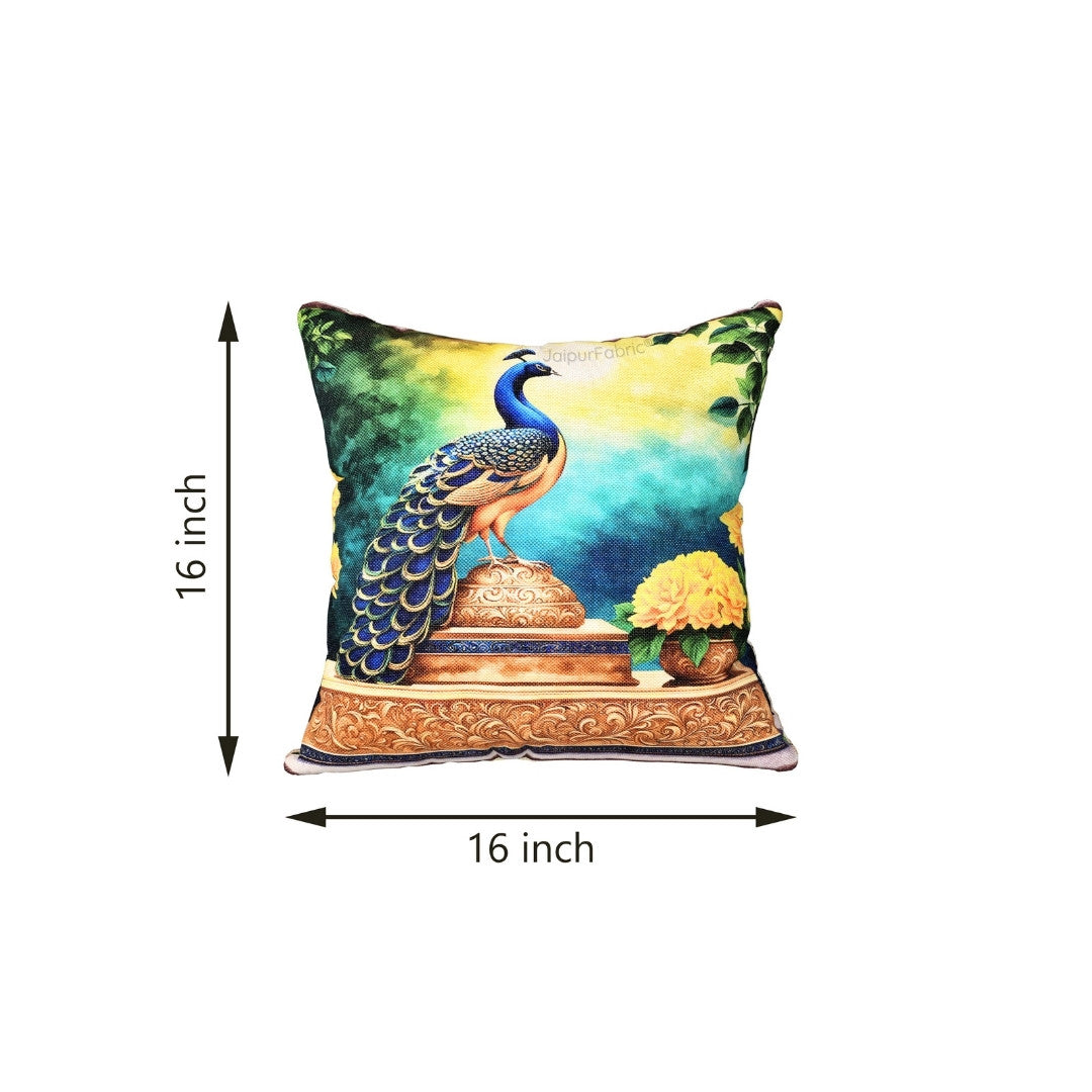 Festive Peacock Jute Digital Print Cushion Cover