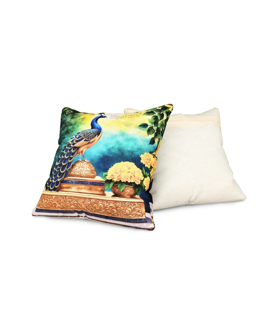 Festive Peacock Jute Digital Print Cushion Cover