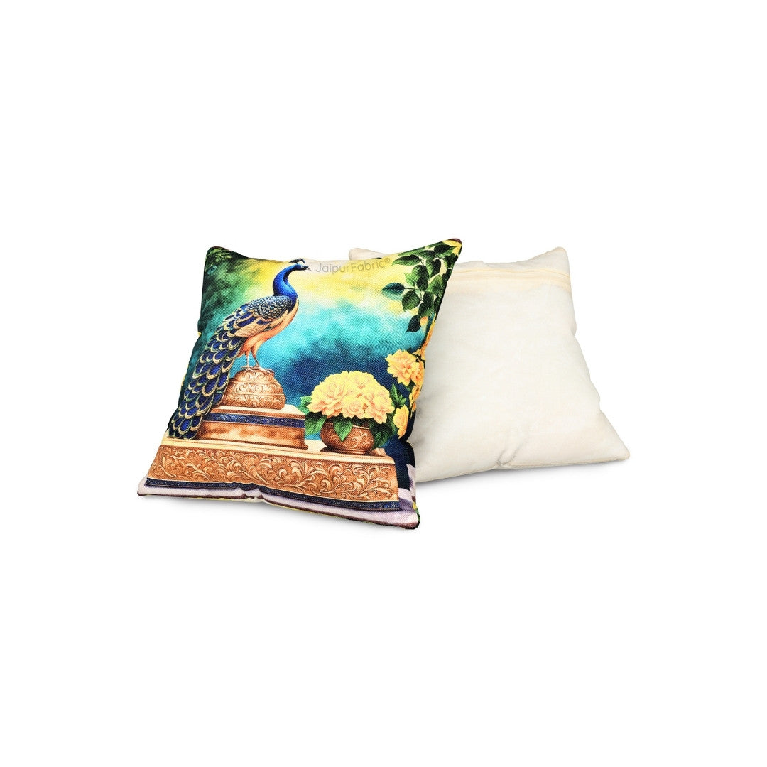Festive Peacock Jute Digital Print Cushion Cover