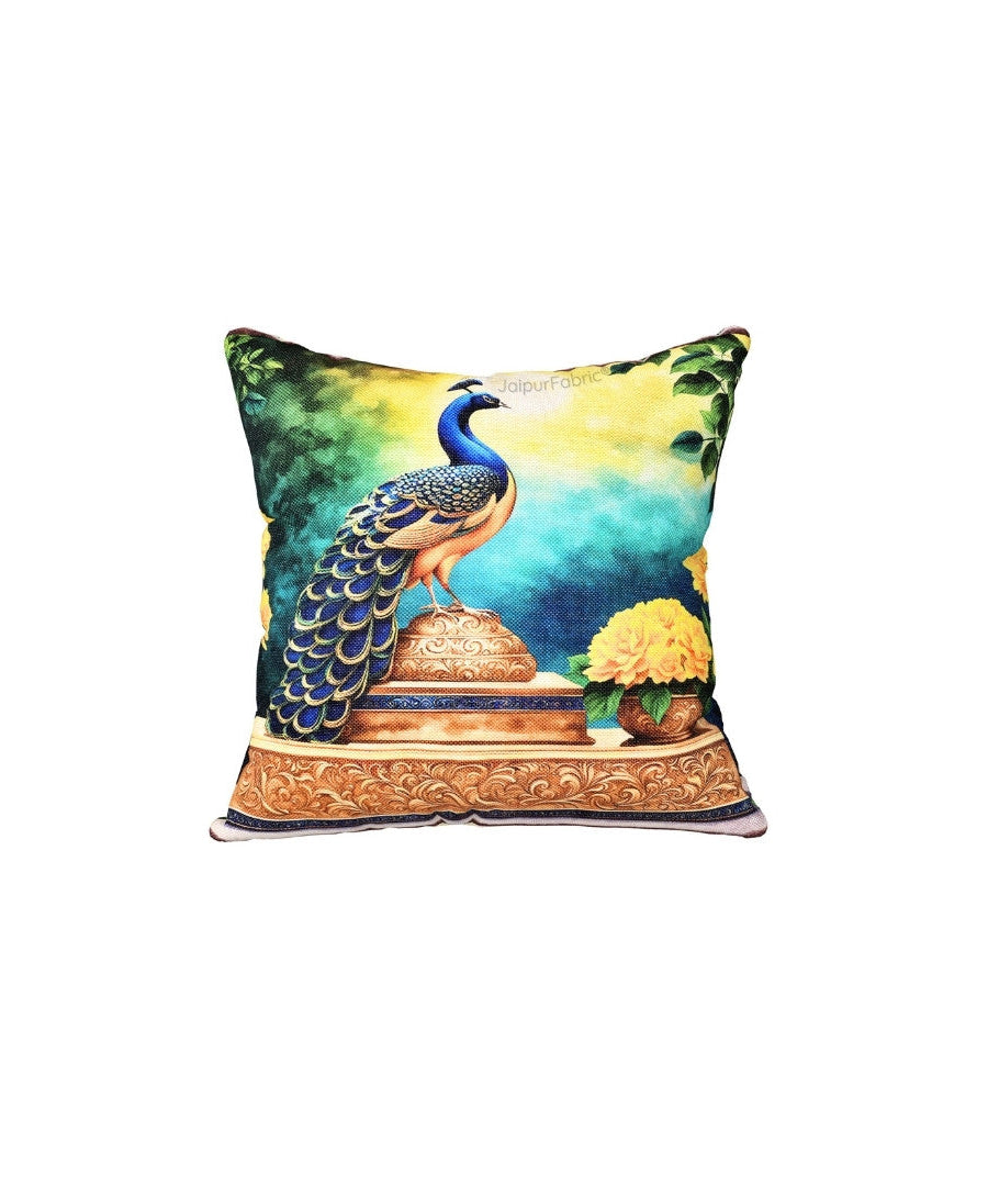 Festive Peacock Jute Digital Print Cushion Cover