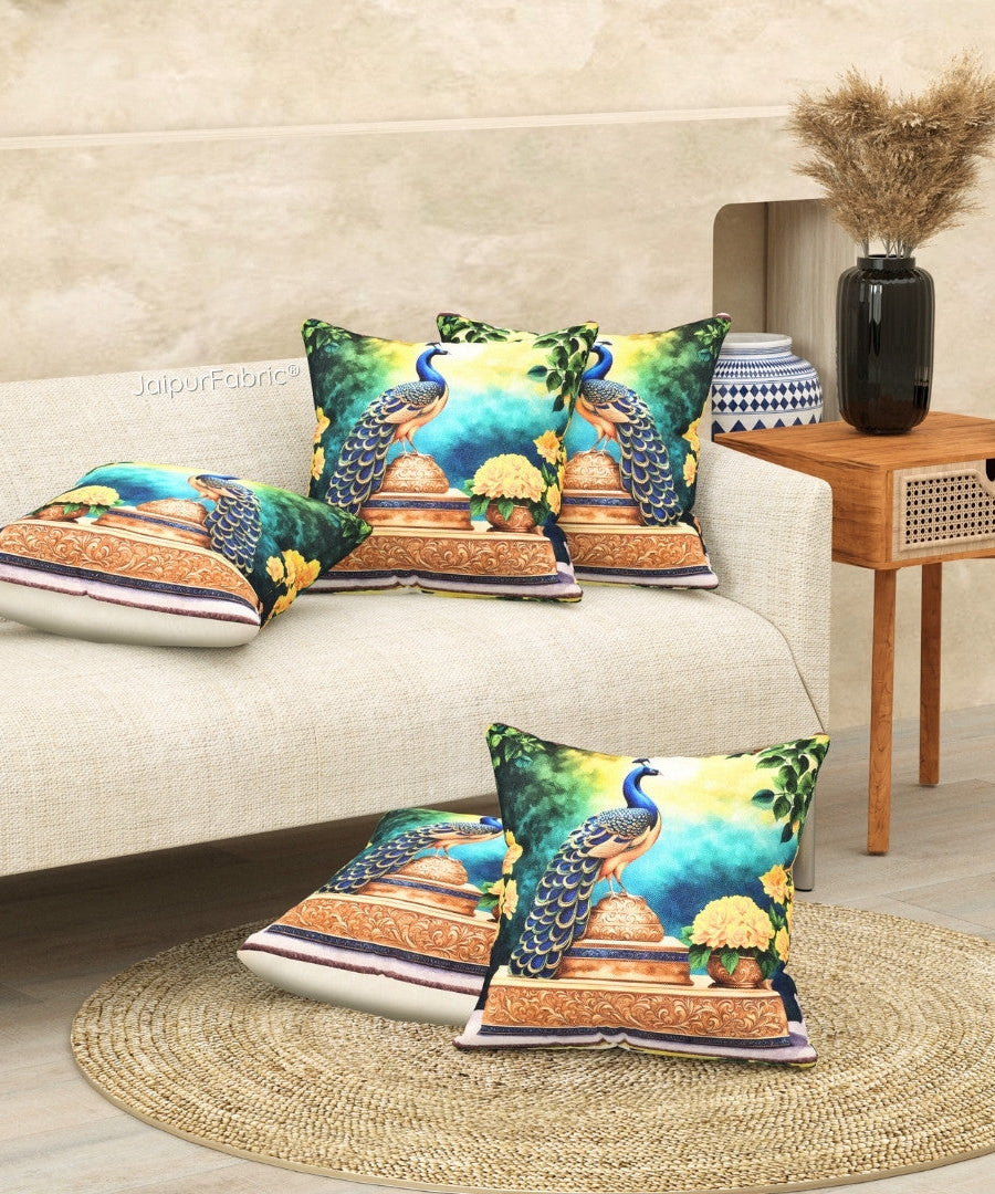 Festive Peacock Jute Digital Print Cushion Cover