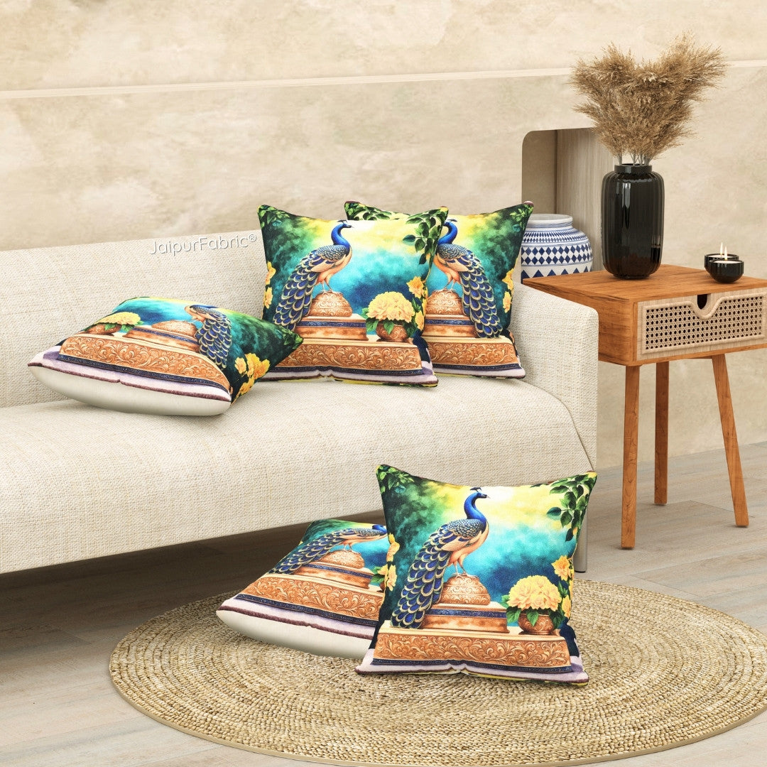 Festive Peacock Jute Digital Print Cushion Cover