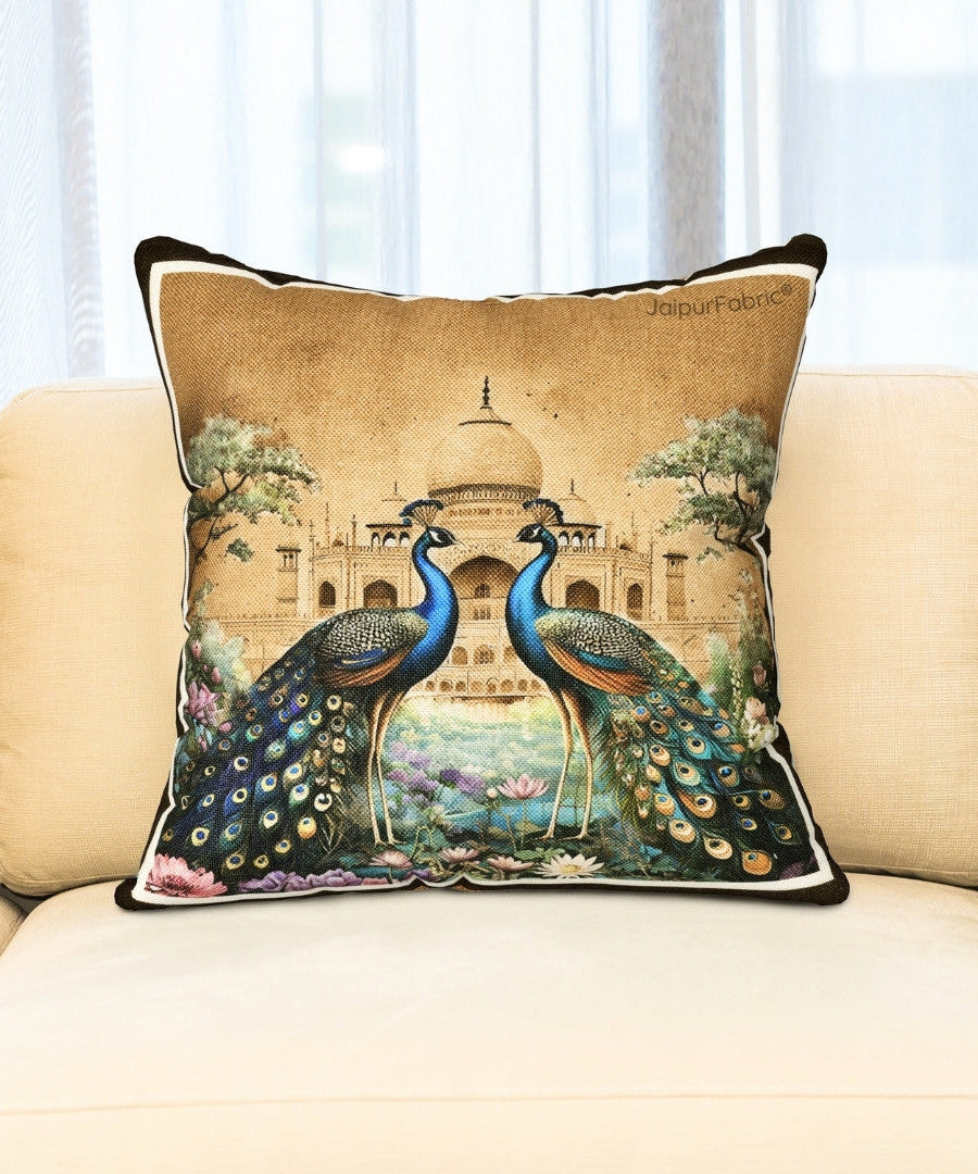 Stunning Beauty Peacock Print Jute Cushion Cover