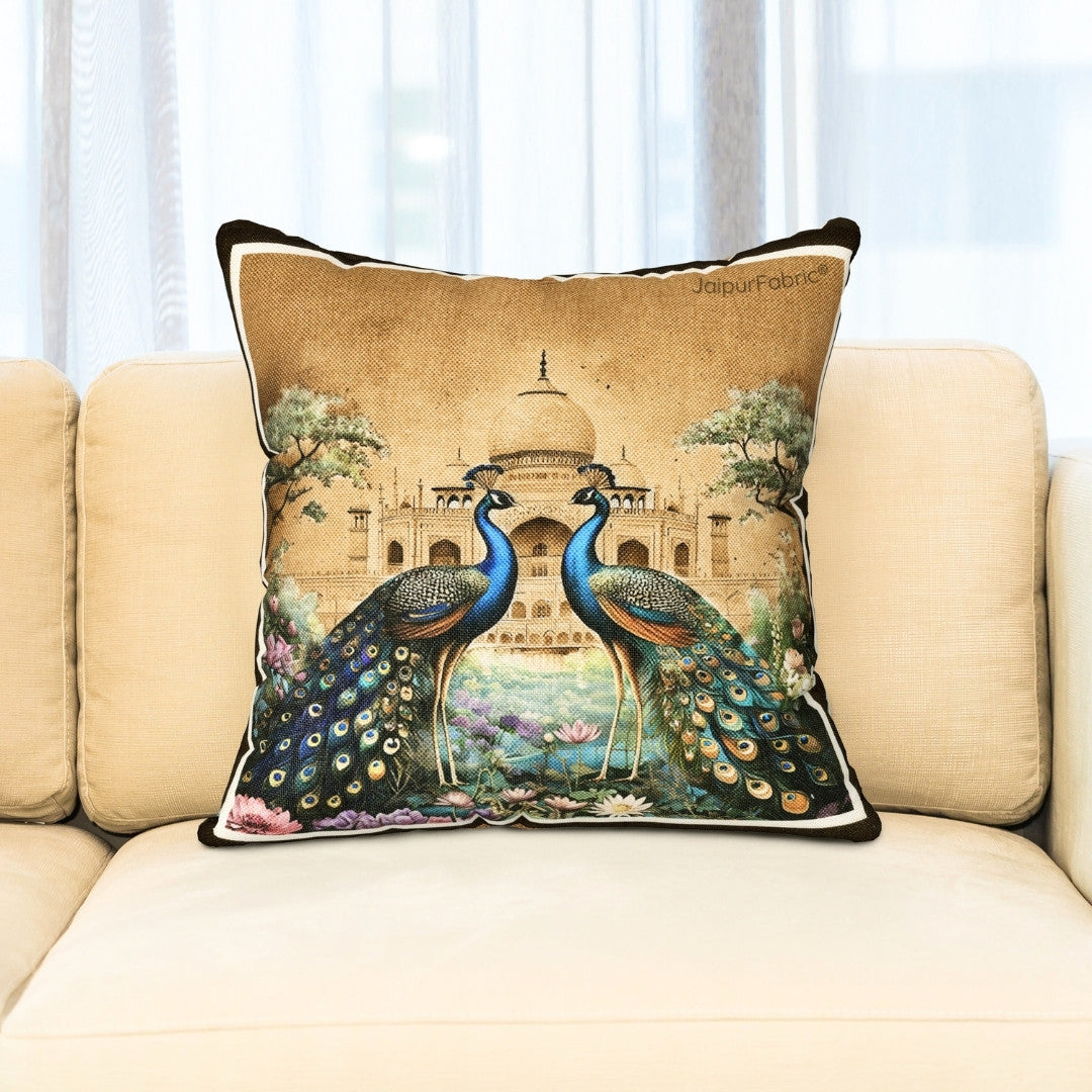 Stunning Beauty Peacock Print Jute Cushion Cover