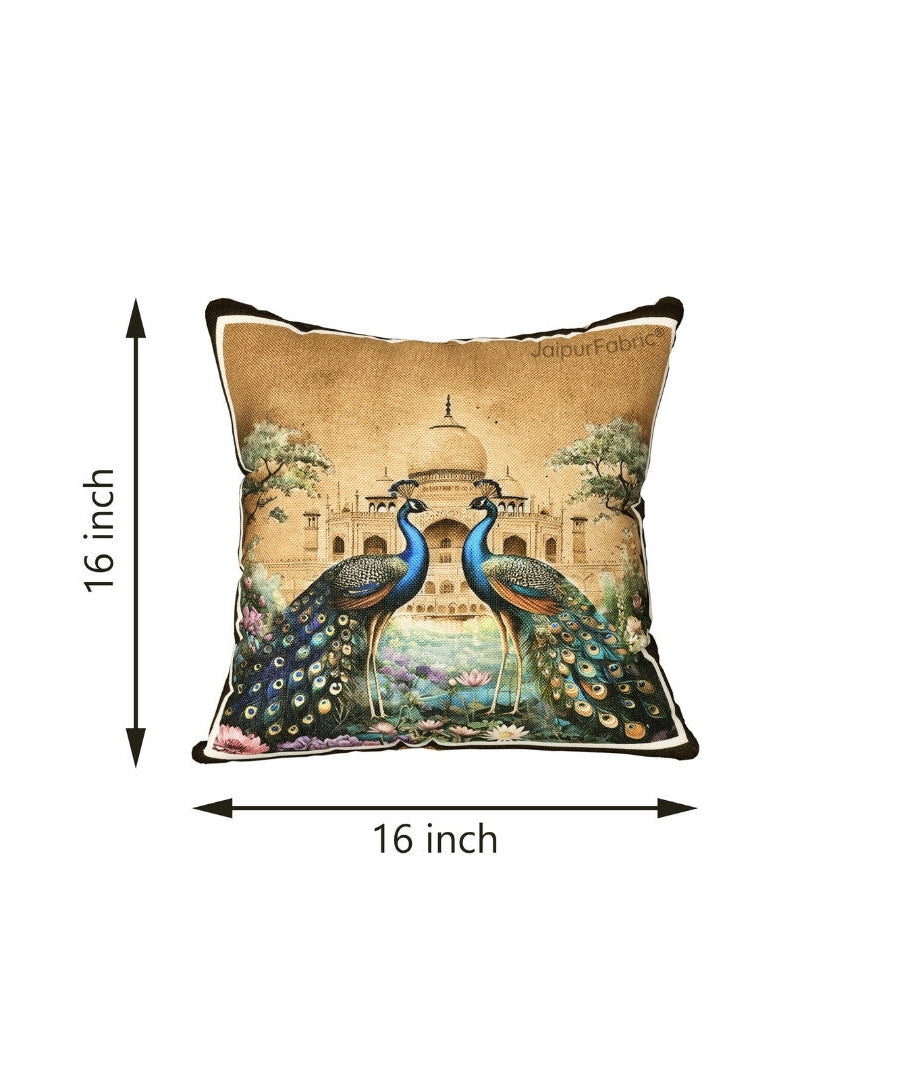 Stunning Beauty Peacock Print Jute Cushion Cover