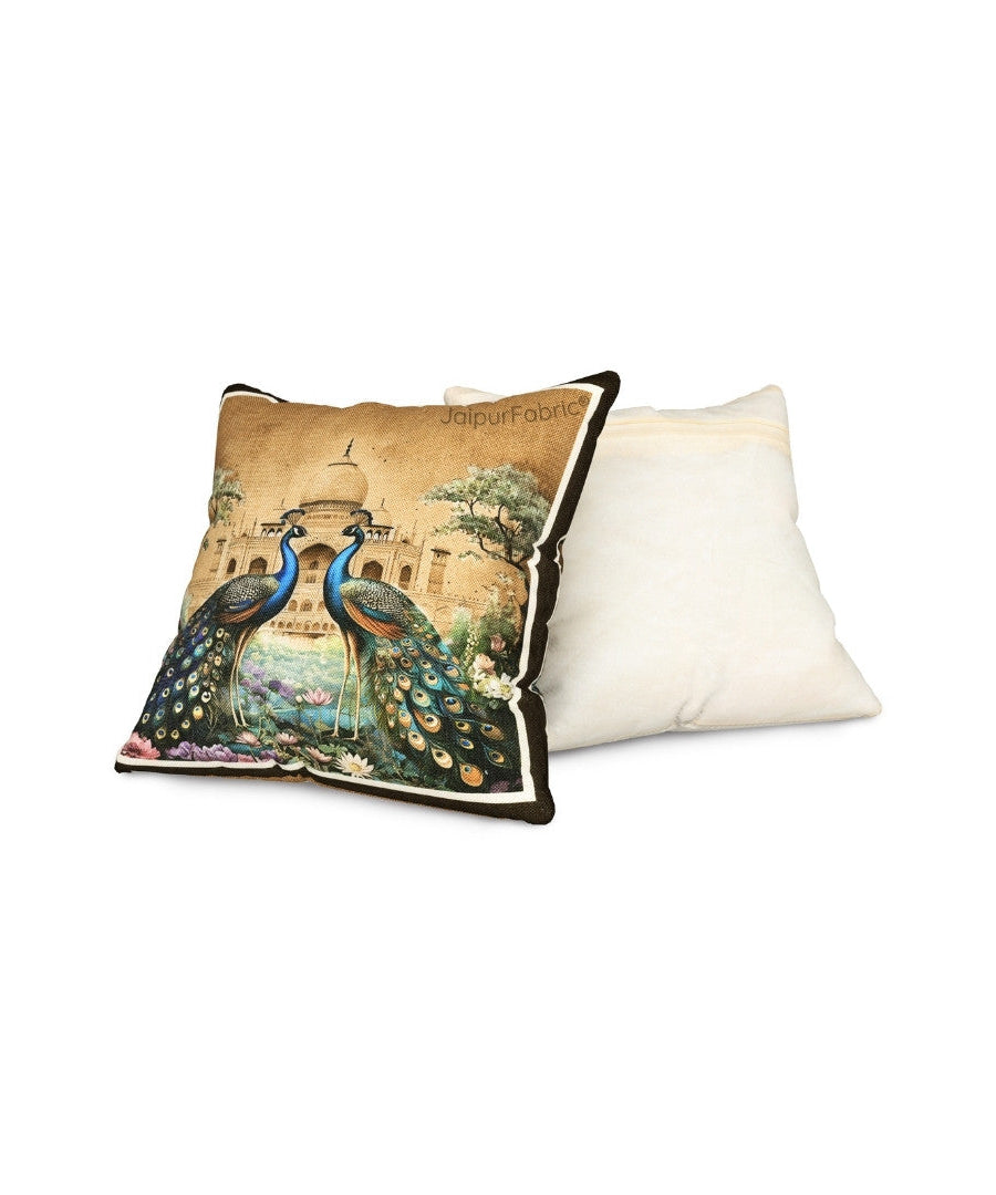 Stunning Beauty Peacock Print Jute Cushion Cover