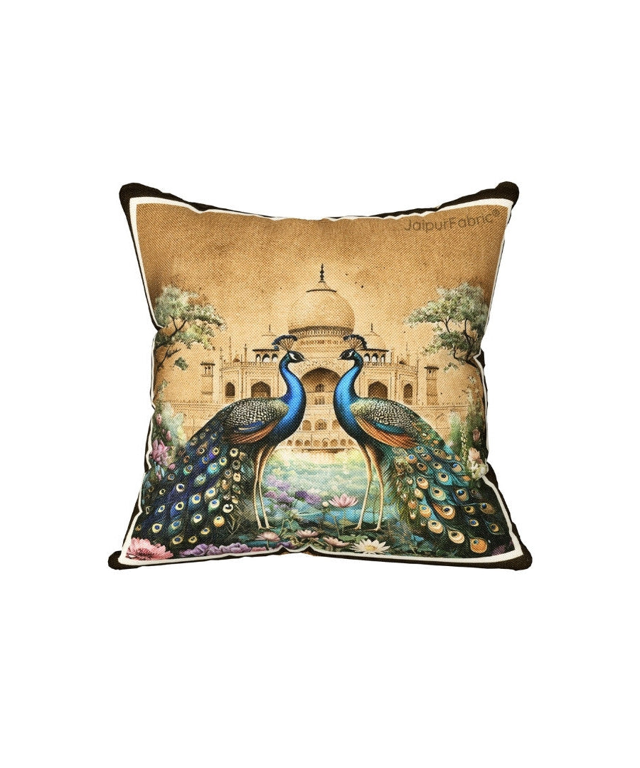 Stunning Beauty Peacock Print Jute Cushion Cover