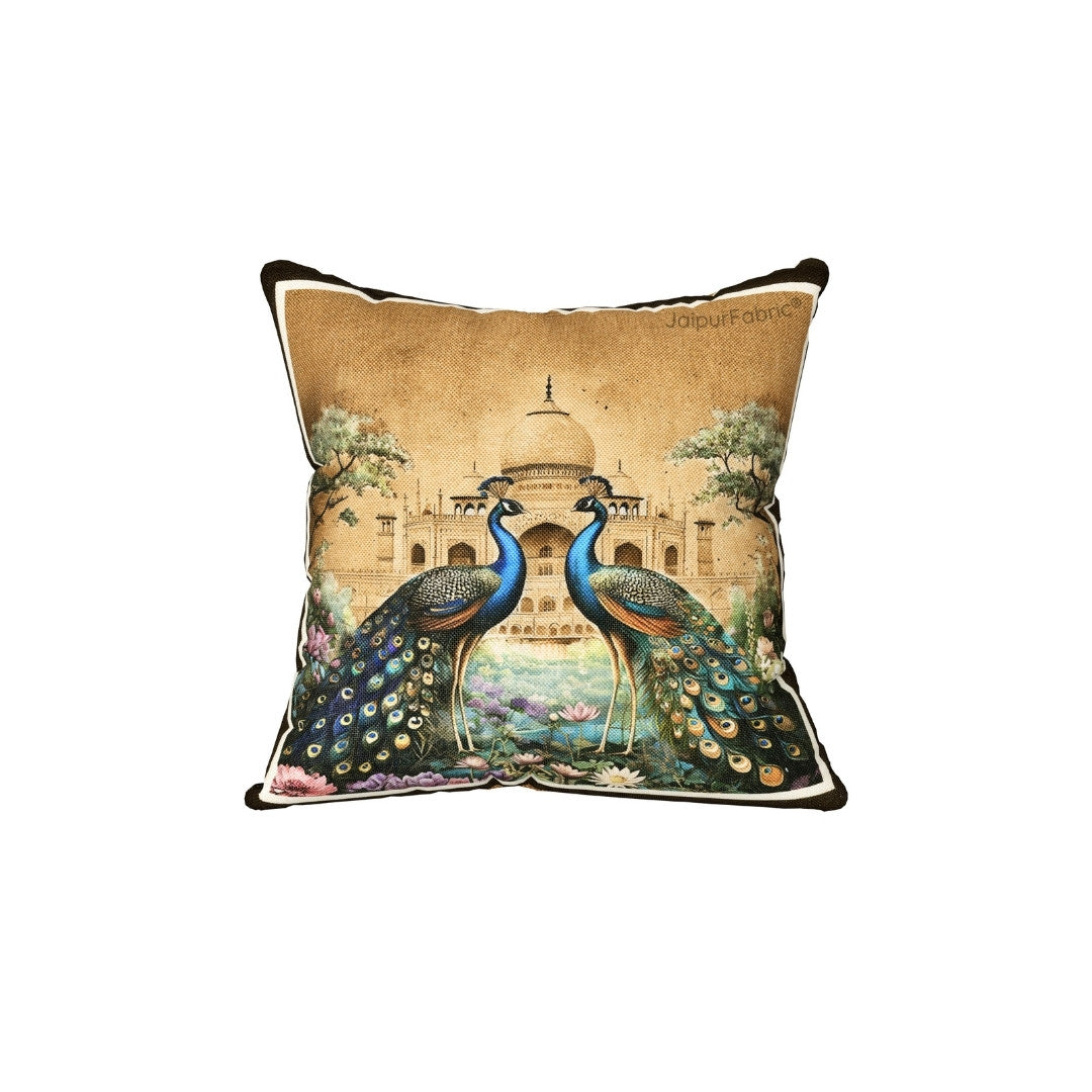 Stunning Beauty Peacock Print Jute Cushion Cover