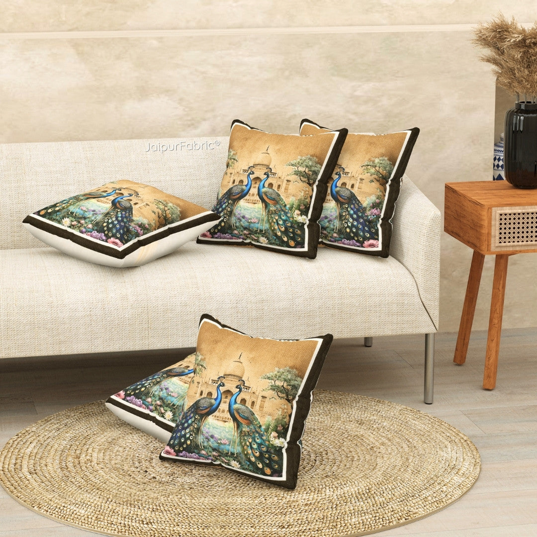 Stunning Beauty Peacock Print Jute Cushion Cover