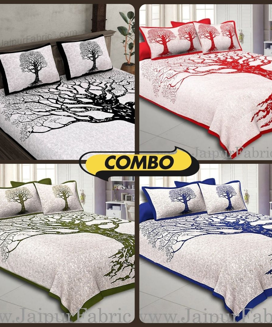Big Tree Pattern Super Fine Cotton Double Bedsheet Combo of 4