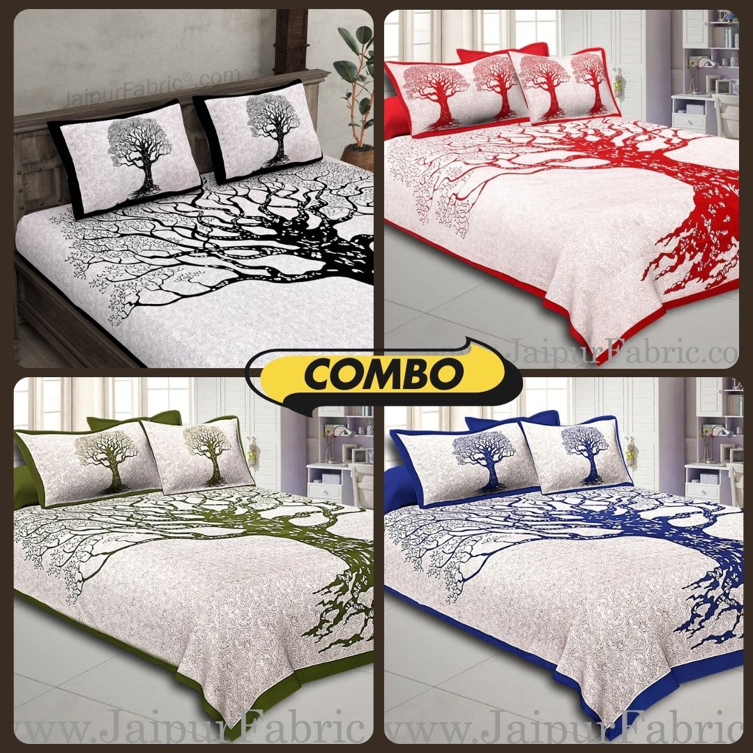 Big Tree Pattern Super Fine Cotton Double Bedsheet Combo of 4