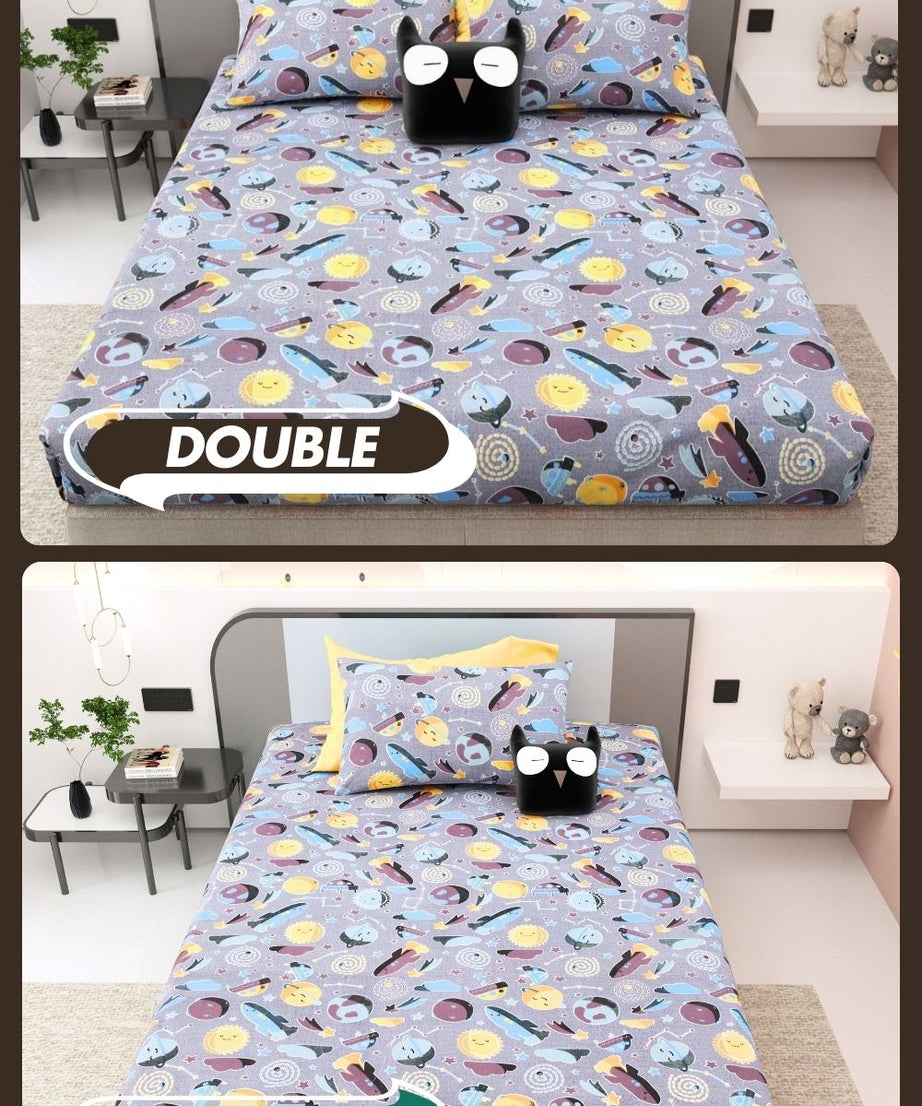 Future Astronaut Purple Soft Cotton Kids Bed Sheet Combo of 2