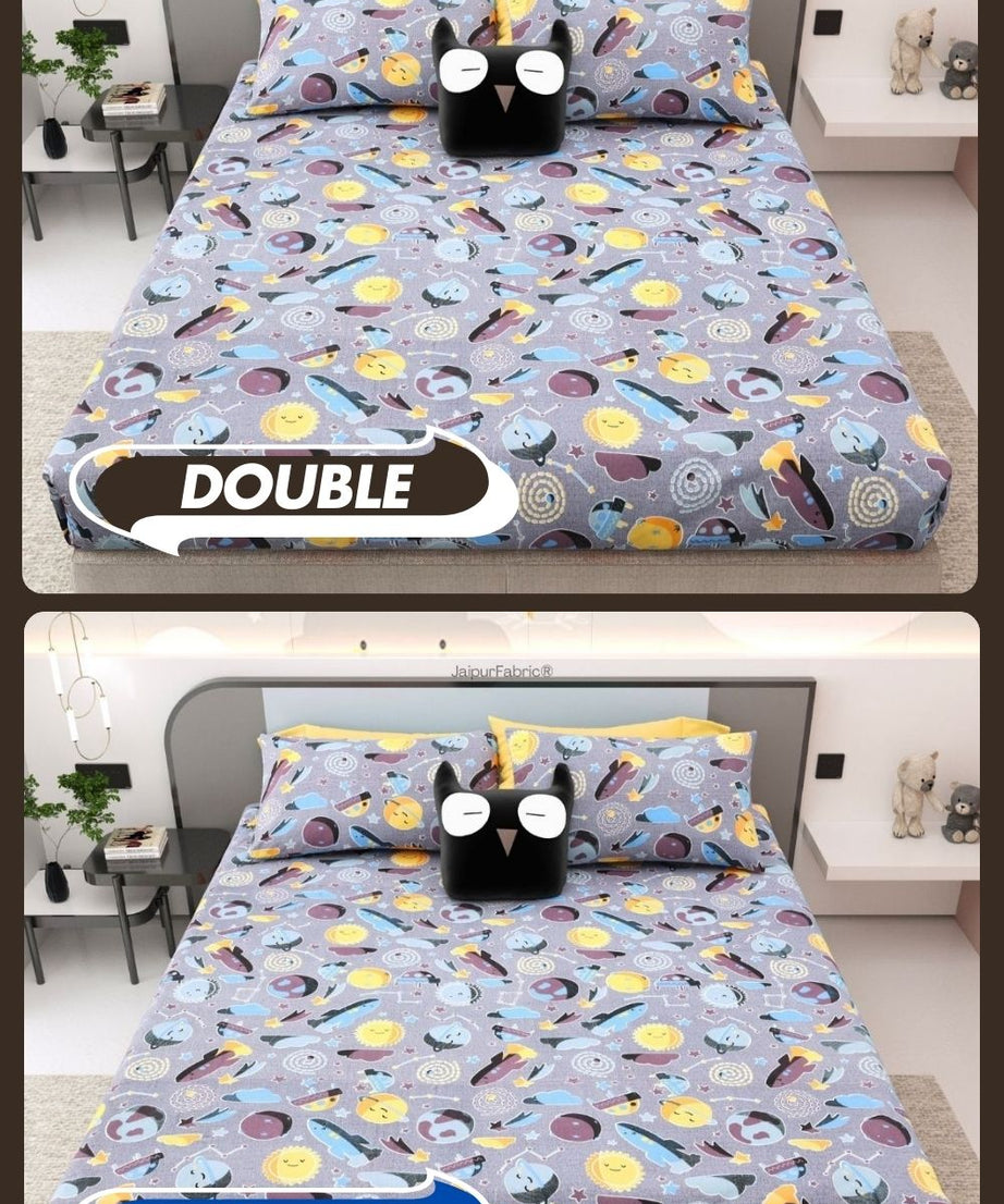 Future Astronaut Purple Soft Cotton Kids Bed Sheet Combo of 2