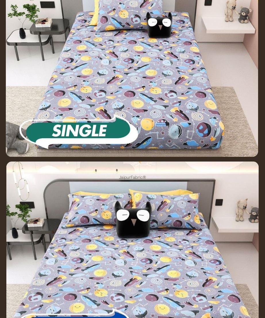 Future Astronaut Purple Soft Cotton Kids Bed Sheet Combo of 2