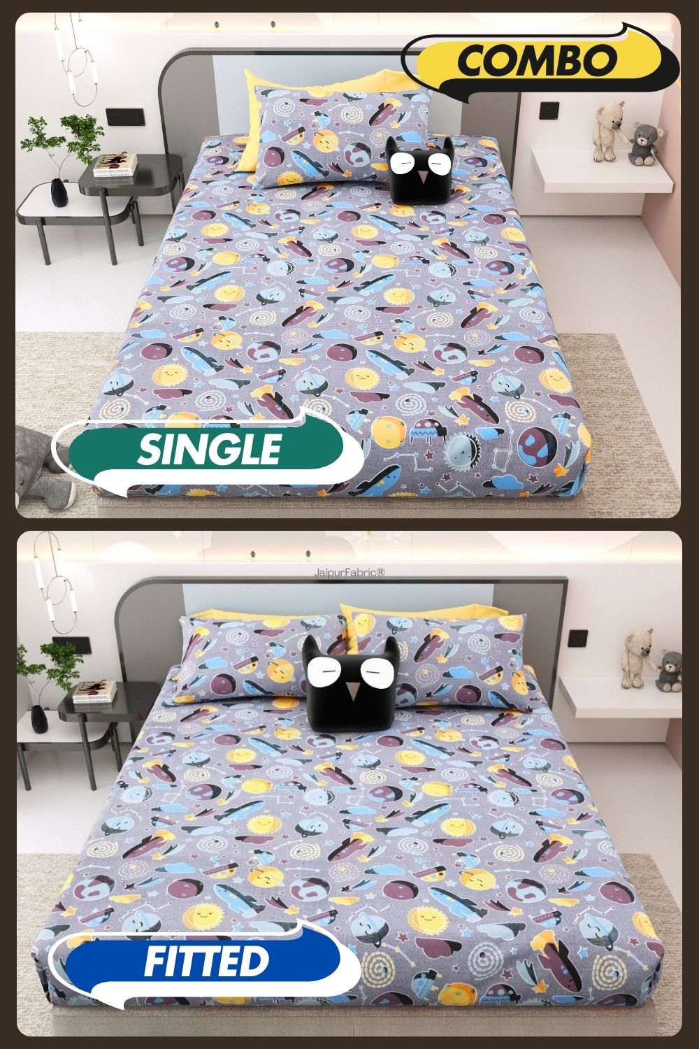 Future Astronaut Purple Soft Cotton Kids Bed Sheet Combo of 2