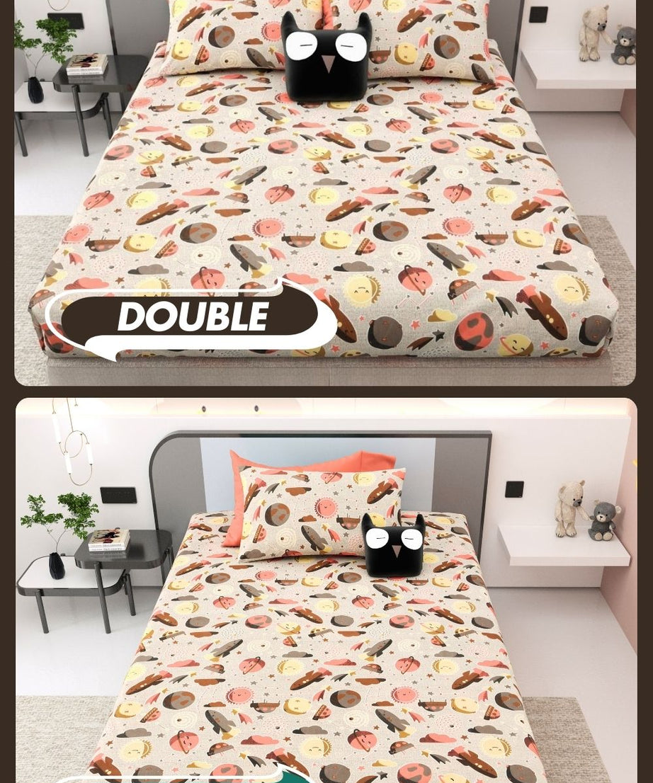 Future Astronaut Beige Soft Cotton Kids Bed Sheet Combo of 2