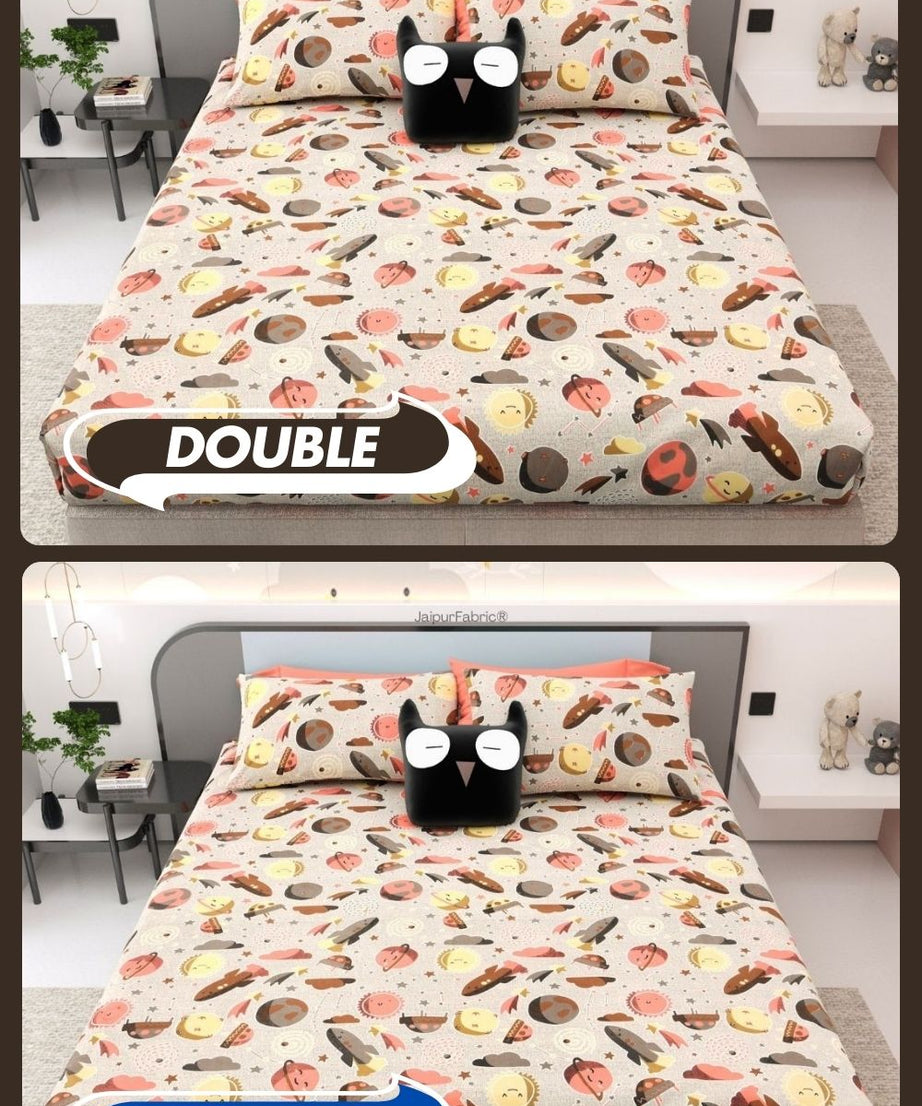 Future Astronaut Beige Soft Cotton Kids Bed Sheet Combo of 2