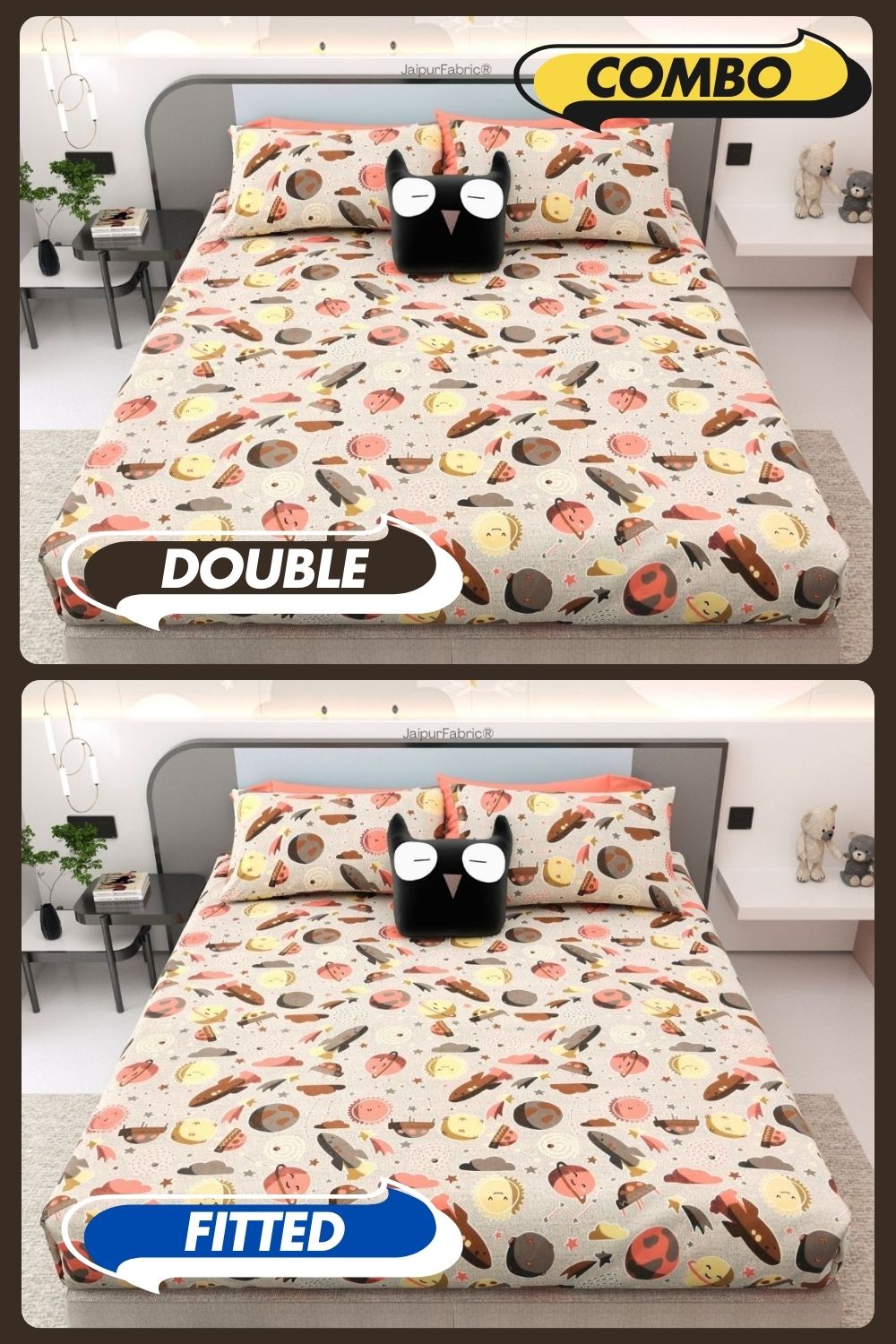 Future Astronaut Beige Soft Cotton Kids Bed Sheet Combo of 2