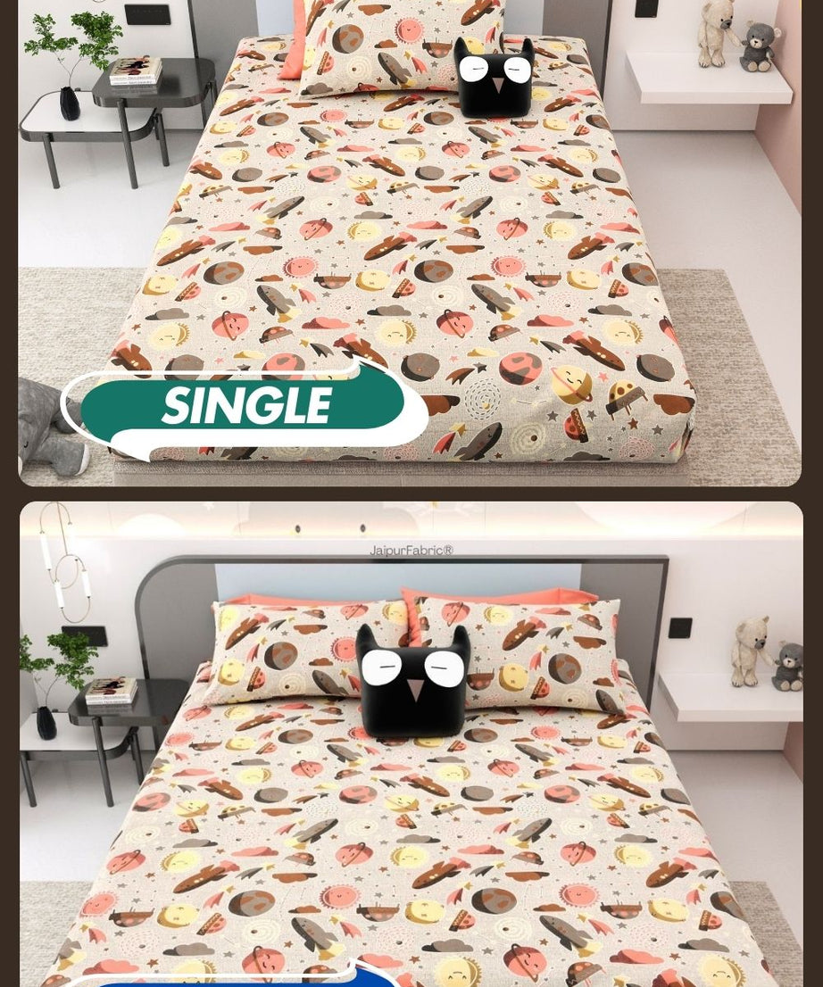 Future Astronaut Beige Soft Cotton Kids Bed Sheet Combo of 2