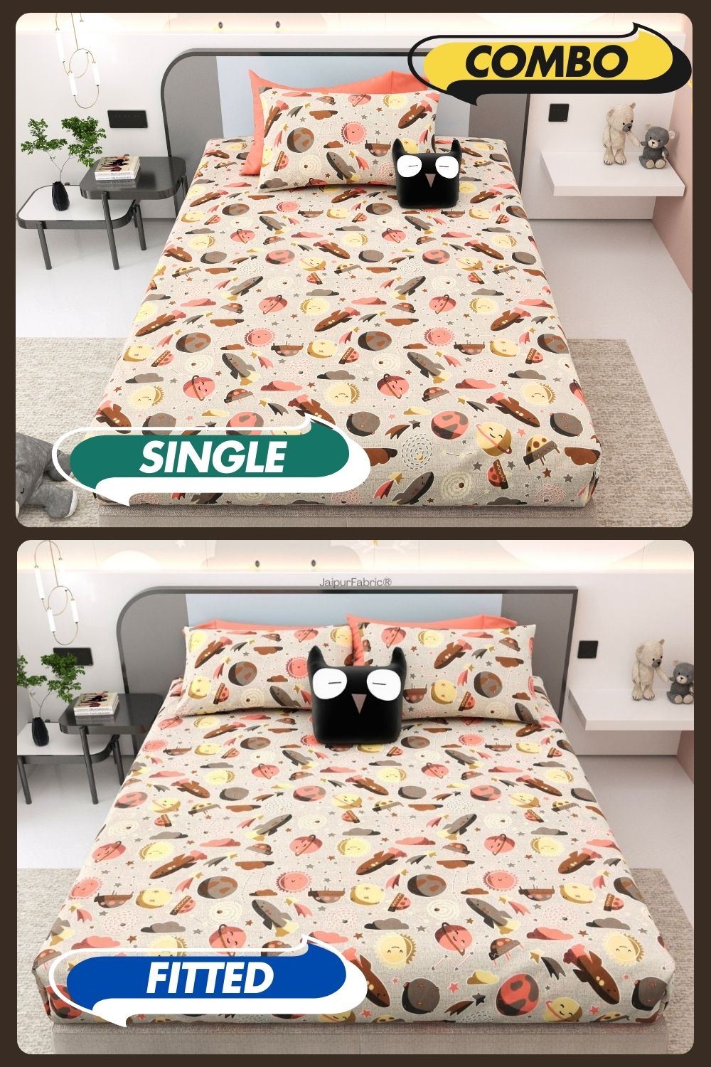 Future Astronaut Beige Soft Cotton Kids Bed Sheet Combo of 2