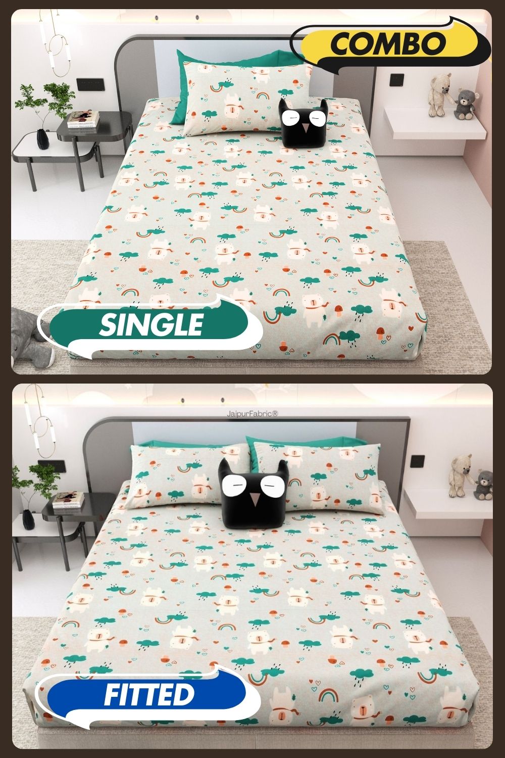 Playtime Pals Green Pastel Soft Cotton Kids Bed Sheet Combo of 2