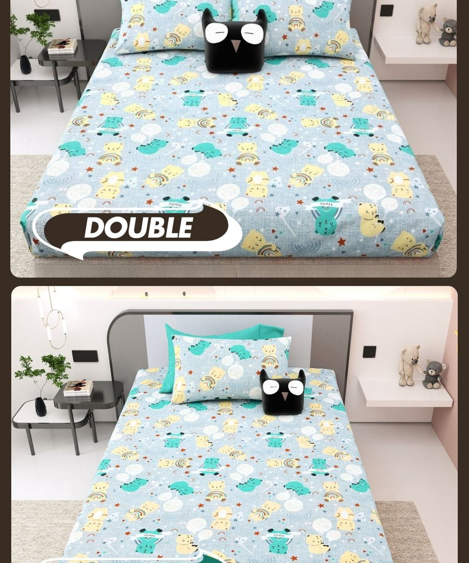 Cuteness Overloaded Blue Soft Cotton Kids Bed Sheet Combo of 2
