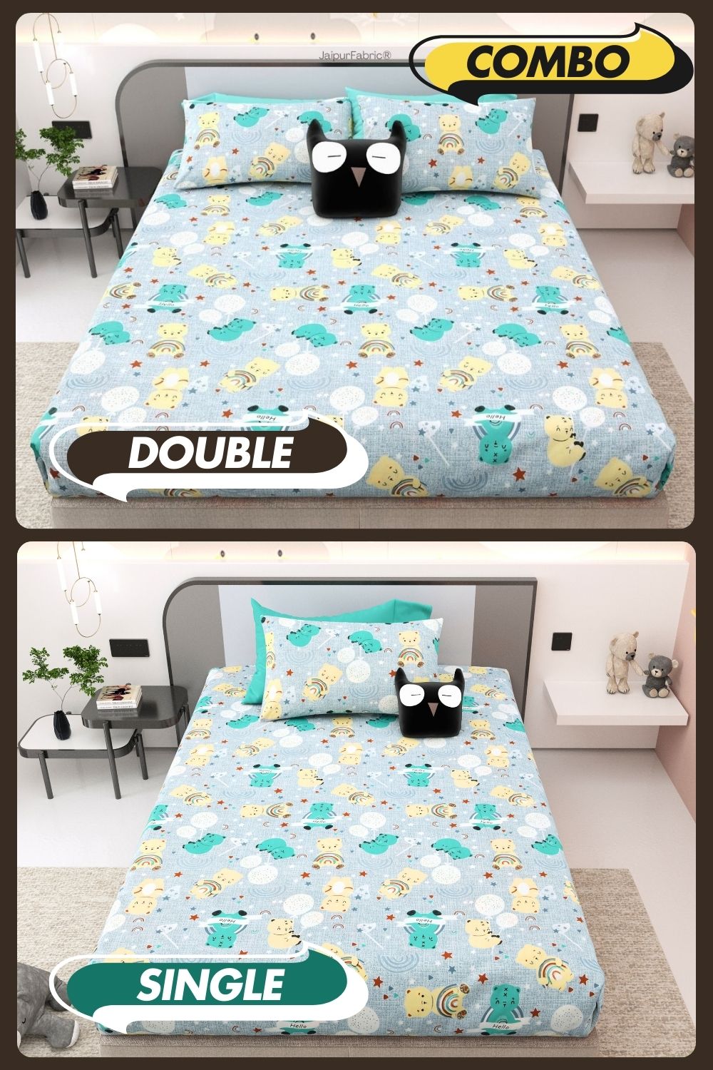 Cuteness Overloaded Blue Soft Cotton Kids Bed Sheet Combo of 2
