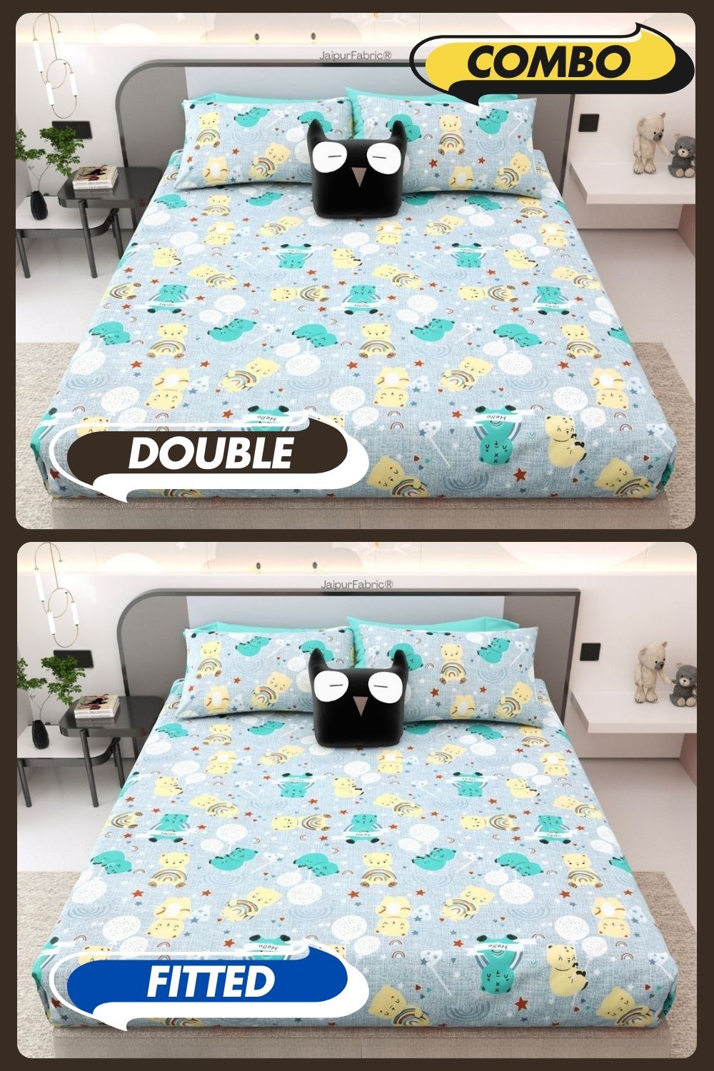 Cuteness Overloaded Blue Soft Cotton Kids Bed Sheet Combo of 2