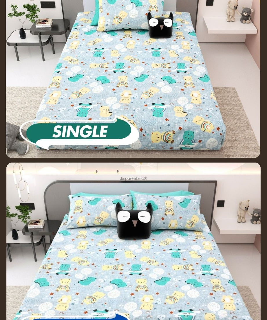 Cuteness Overloaded Blue Soft Cotton Kids Bed Sheet Combo of 2