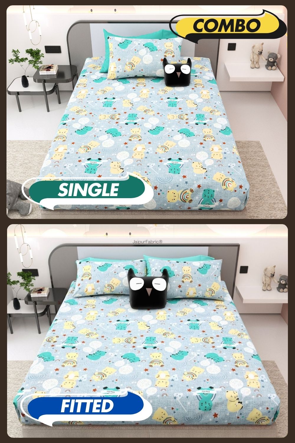 Cuteness Overloaded Blue Soft Cotton Kids Bed Sheet Combo of 2