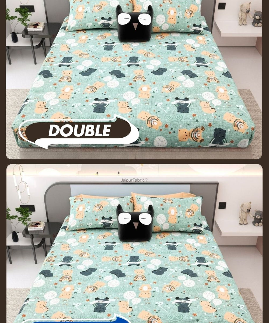 Cuteness Overloaded Green Soft Cotton Kids Bed Sheet Combo of 2