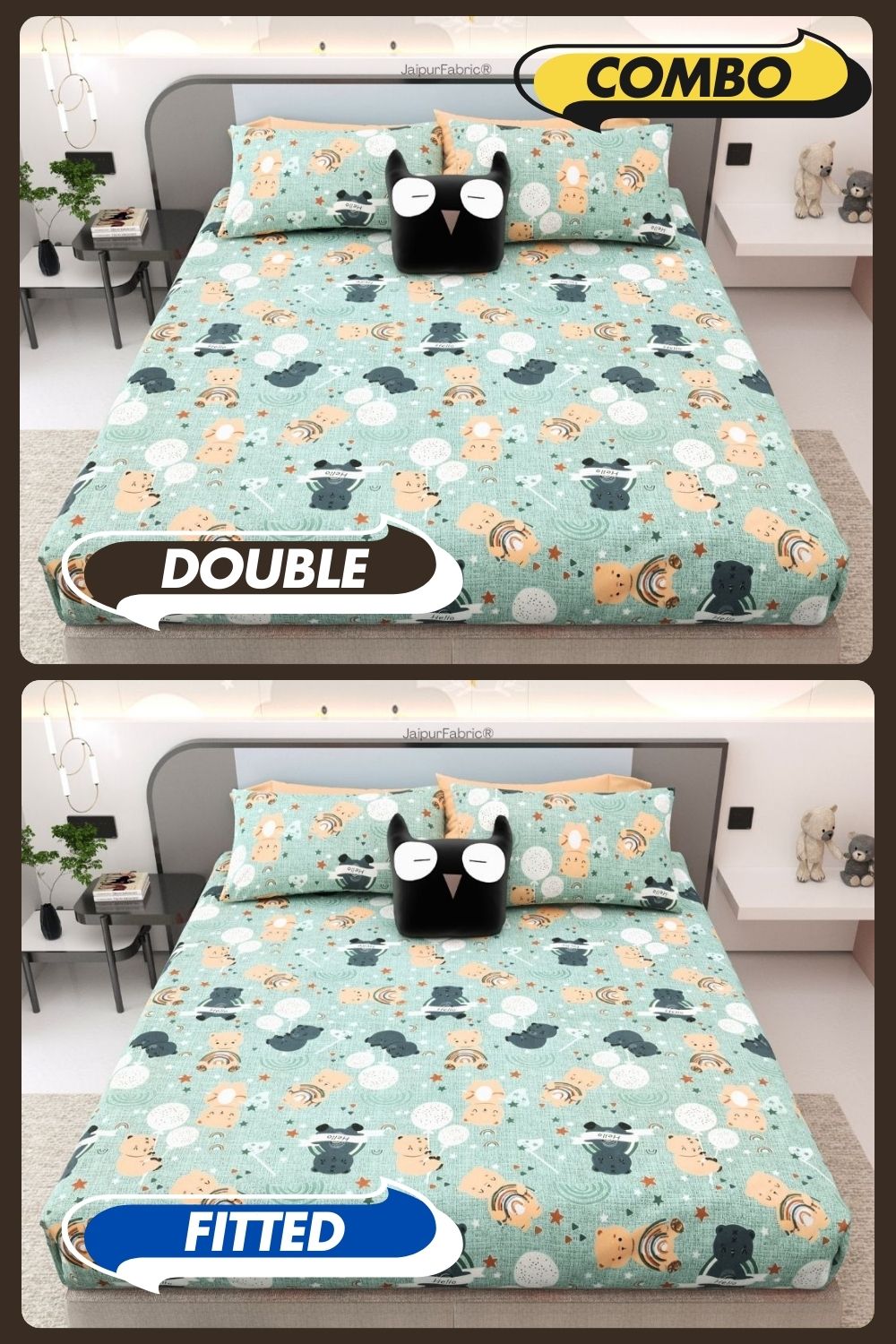 Cuteness Overloaded Green Soft Cotton Kids Bed Sheet Combo of 2