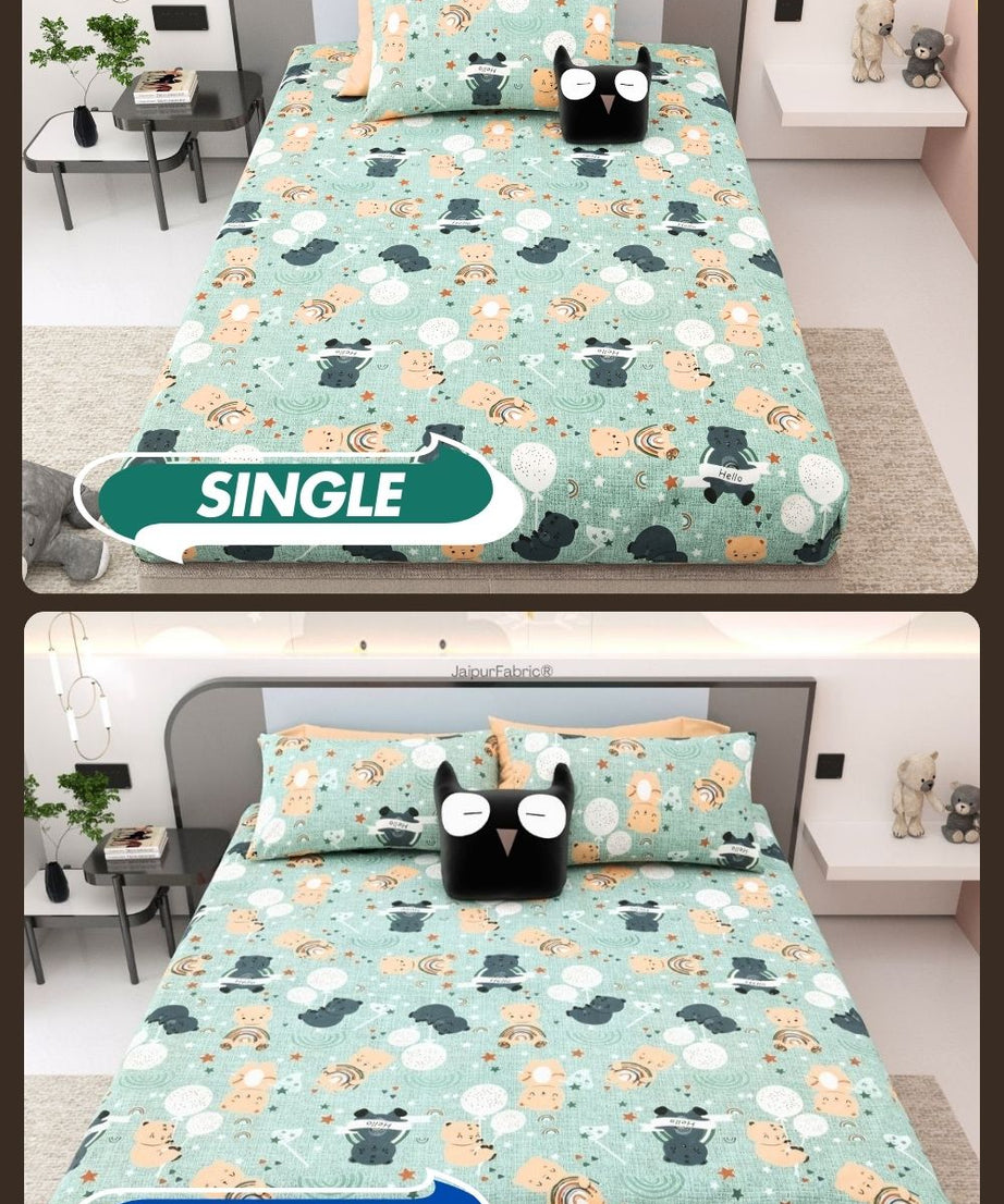 Cuteness Overloaded Green Soft Cotton Kids Bed Sheet Combo of 2