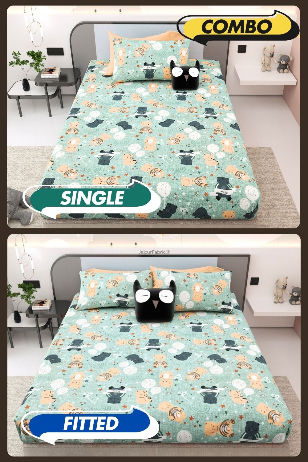 Cuteness Overloaded Green Soft Cotton Kids Bed Sheet Combo of 2