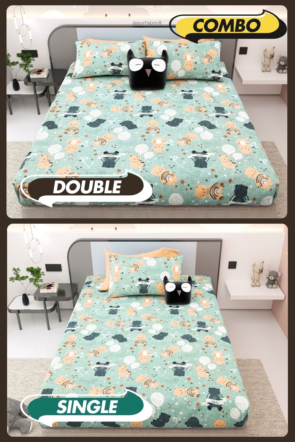 Cuteness Overloaded Green Soft Cotton Kids Bed Sheet Combo of 2
