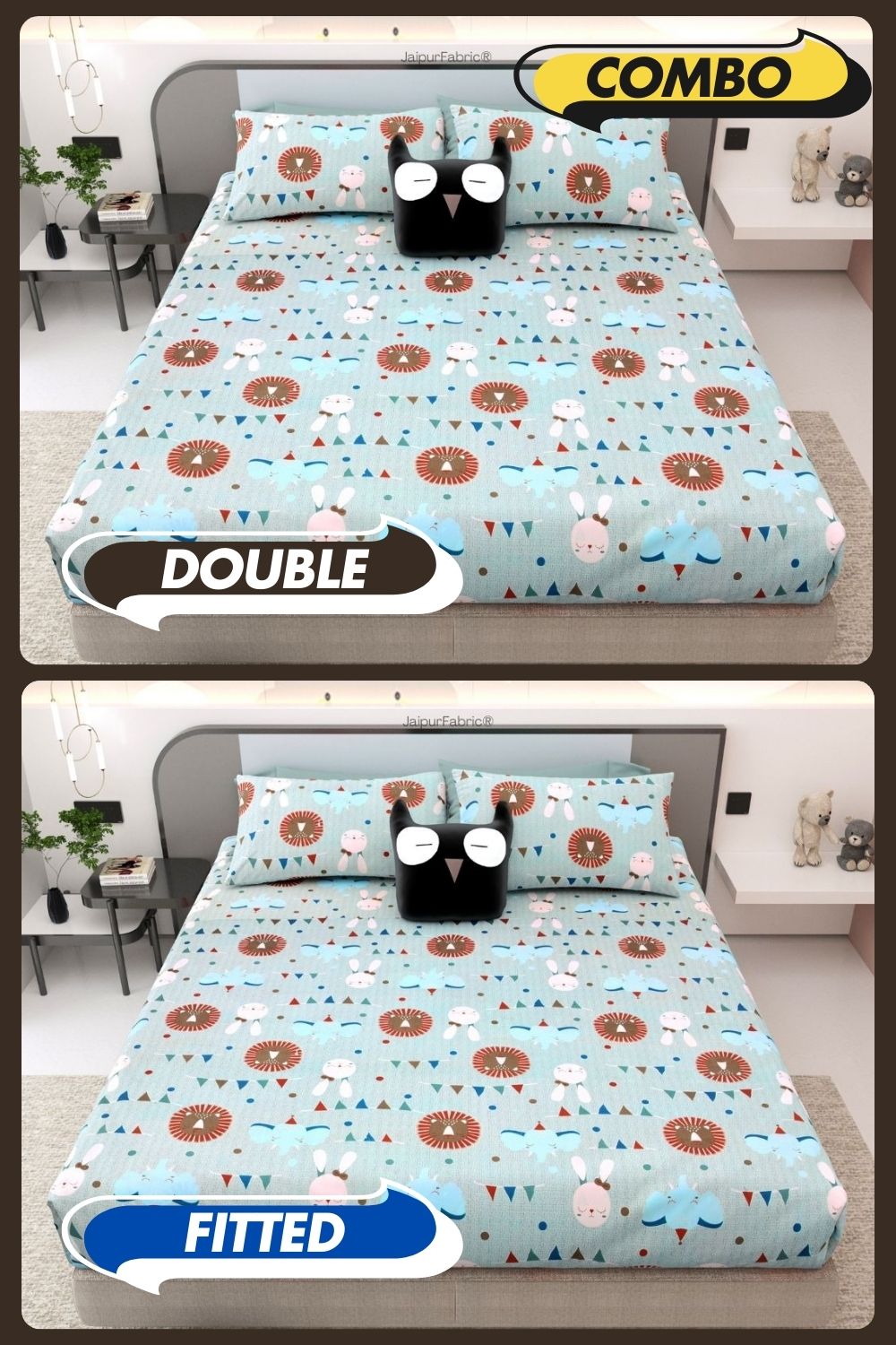 Animal Carnival Pastel Blue Soft Cotton Kids Bed Sheet Combo of 2