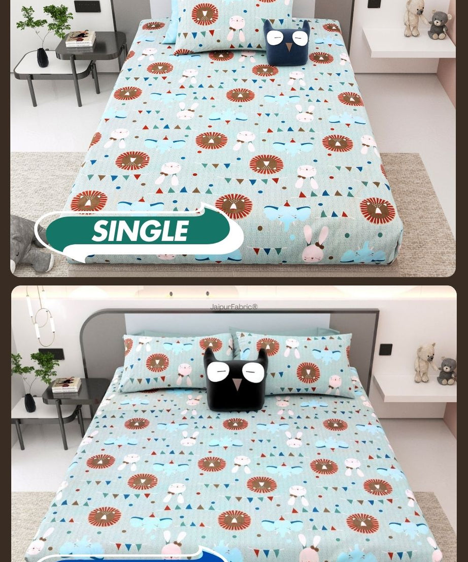 Animal Carnival Pastel Blue Soft Cotton Kids Bed Sheet Combo of 2