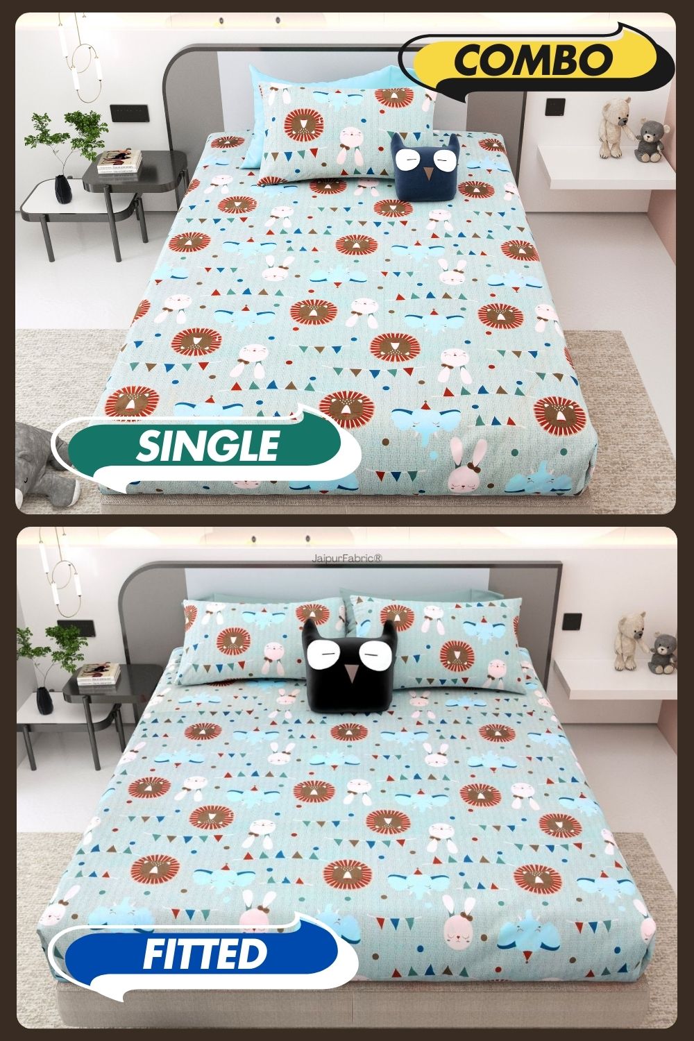Animal Carnival Pastel Blue Soft Cotton Kids Bed Sheet Combo of 2