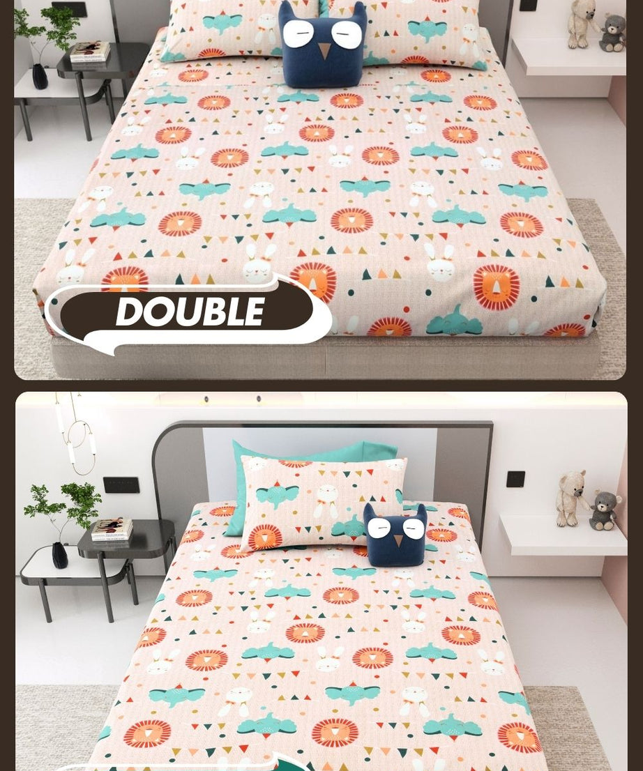 Animal Carnival Peach Soft Cotton Kids Bed Sheet Combo of 2