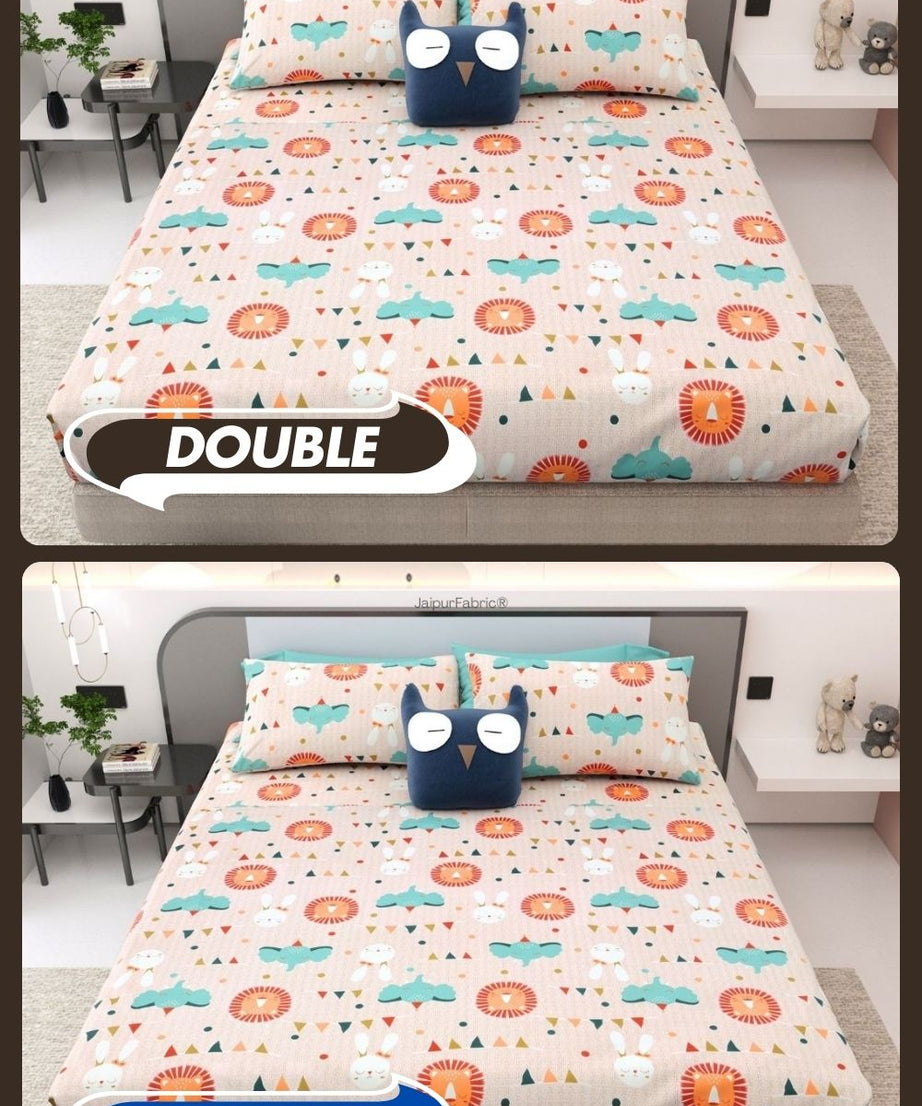 Animal Carnival Peach Soft Cotton Kids Bed Sheet Combo of 2