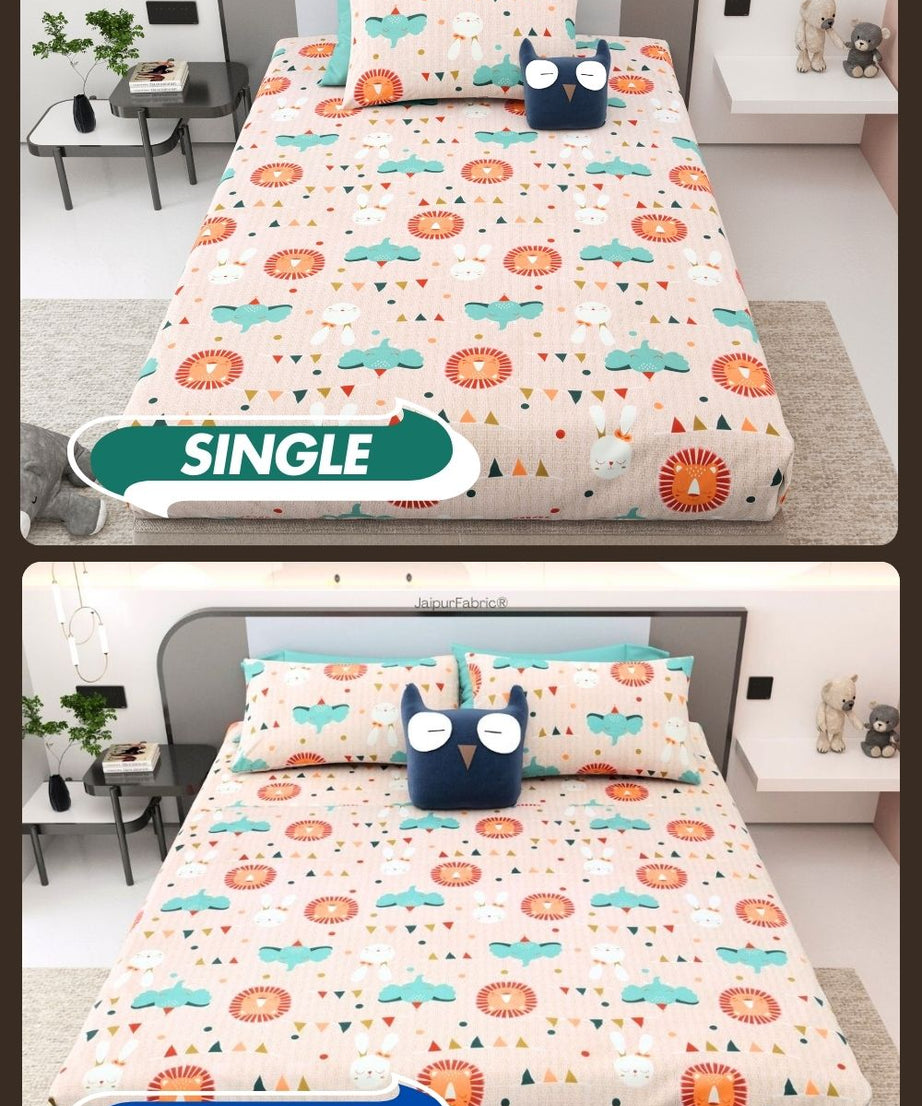 Animal Carnival Peach Soft Cotton Kids Bed Sheet Combo of 2