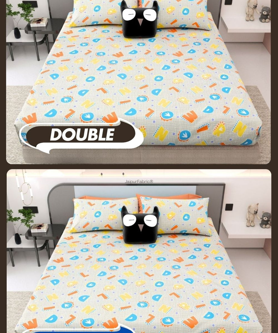 ABC Alphabet Adventure Orange and Blue Soft Cotton Kids Bed Sheet Combo of 2