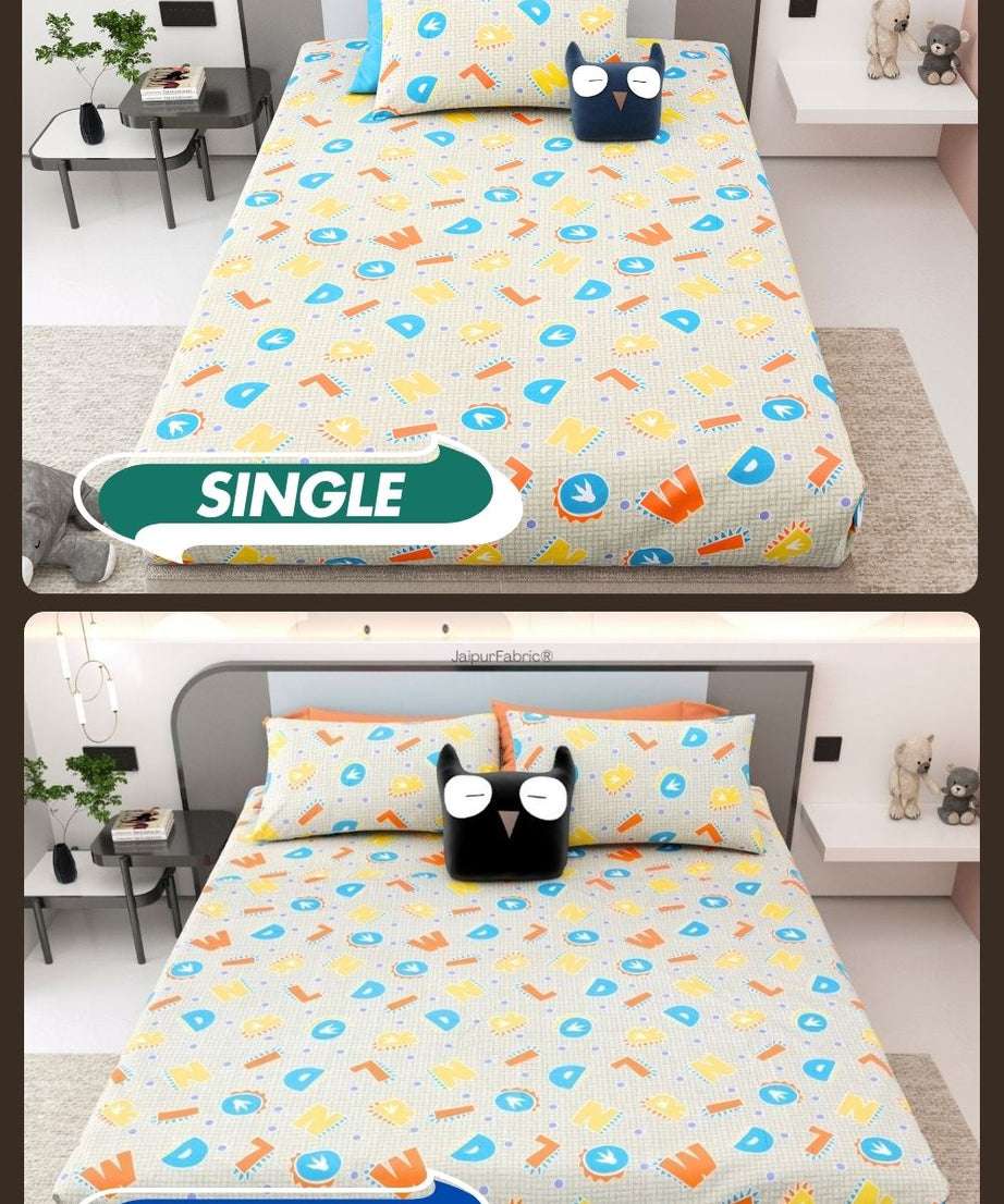 ABC Alphabet Adventure Orange and Blue Soft Cotton Kids Bed Sheet Combo of 2