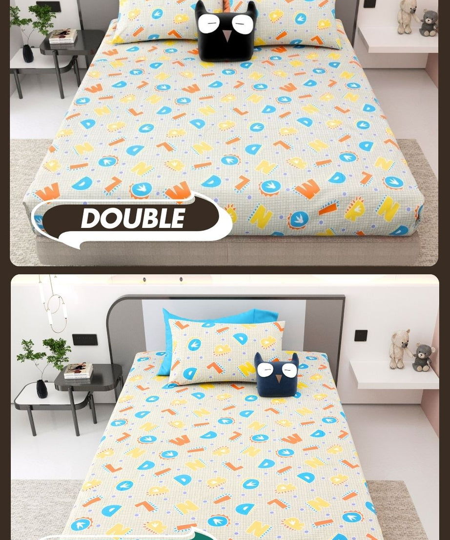 ABC Alphabet Adventure Orange and Blue Soft Cotton Kids Bed Sheet Combo of 2