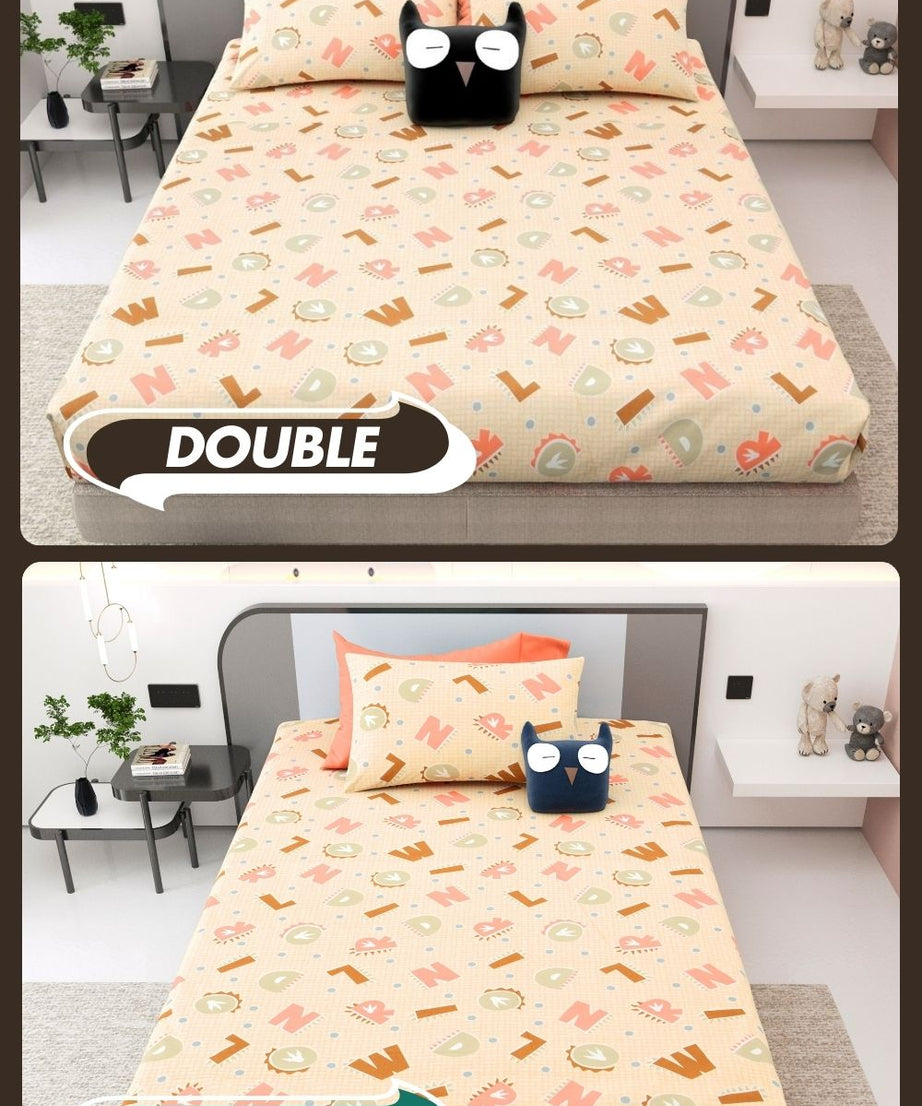 ABC Alphabet Adventure Peach & Beige Soft Cotton Kids Bed Sheet Combo of 2