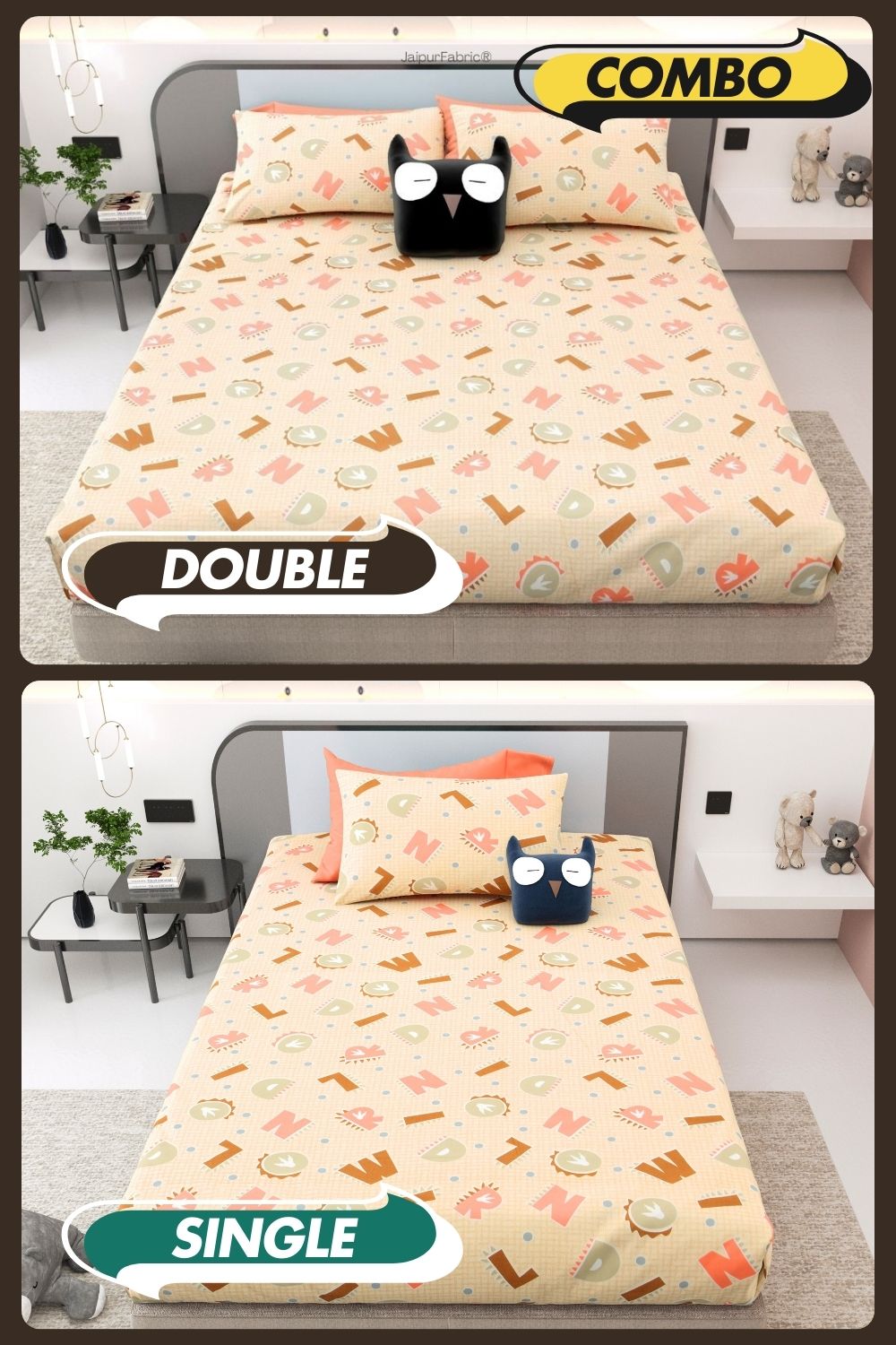 ABC Alphabet Adventure Peach & Beige Soft Cotton Kids Bed Sheet Combo of 2