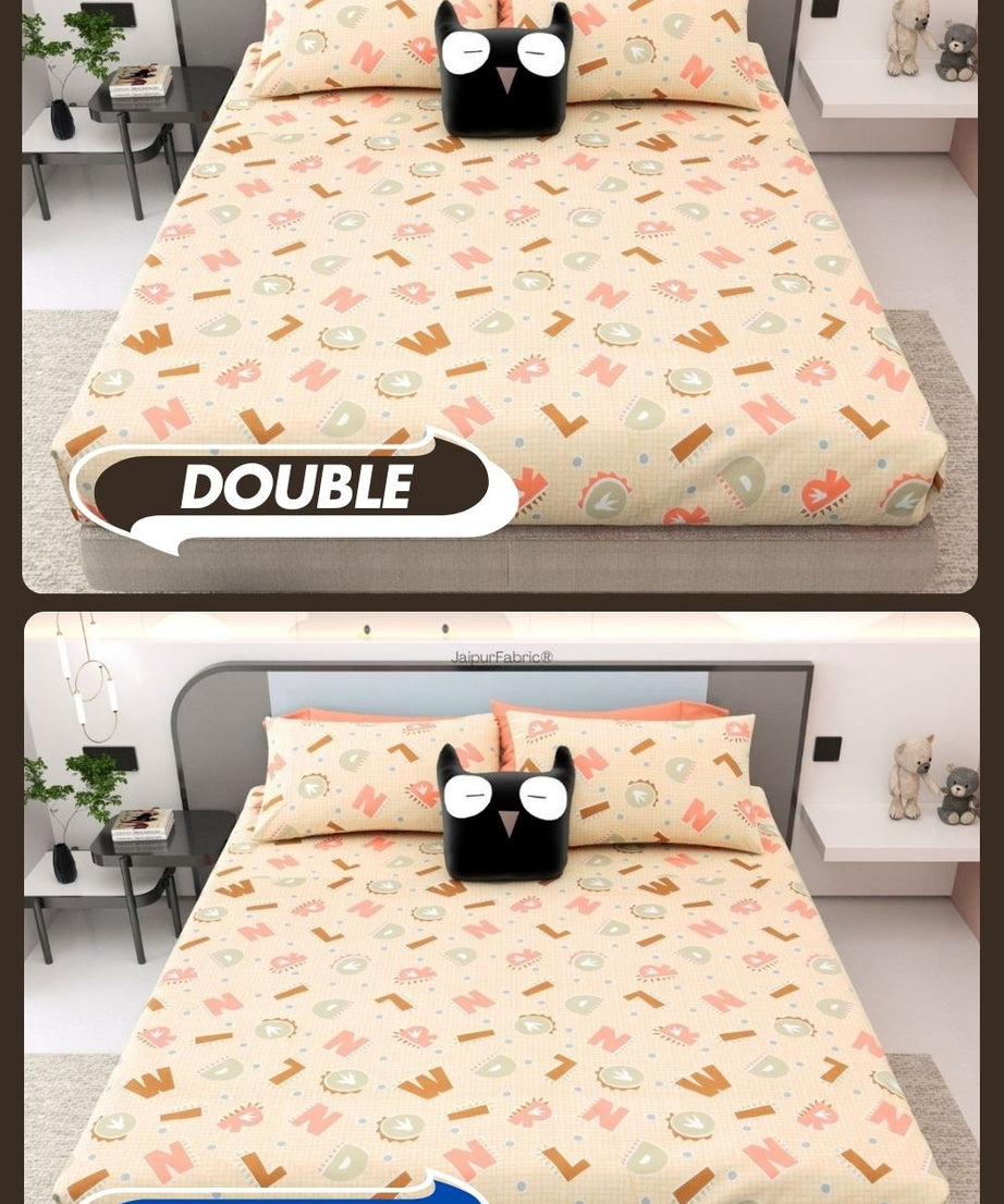 ABC Alphabet Adventure Peach & Beige Soft Cotton Kids Bed Sheet Combo of 2