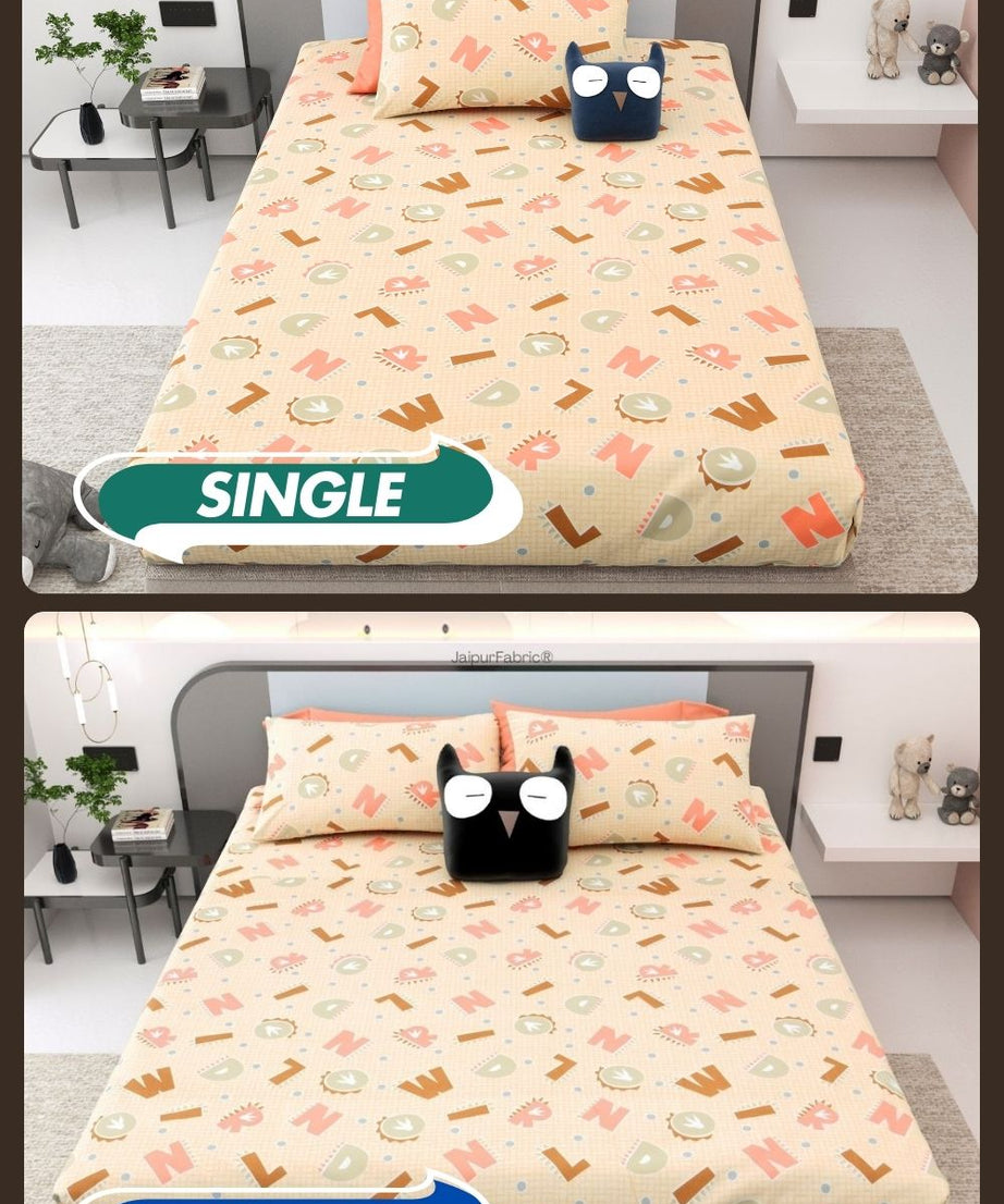 ABC Alphabet Adventure Peach & Beige Soft Cotton Kids Bed Sheet Combo of 2