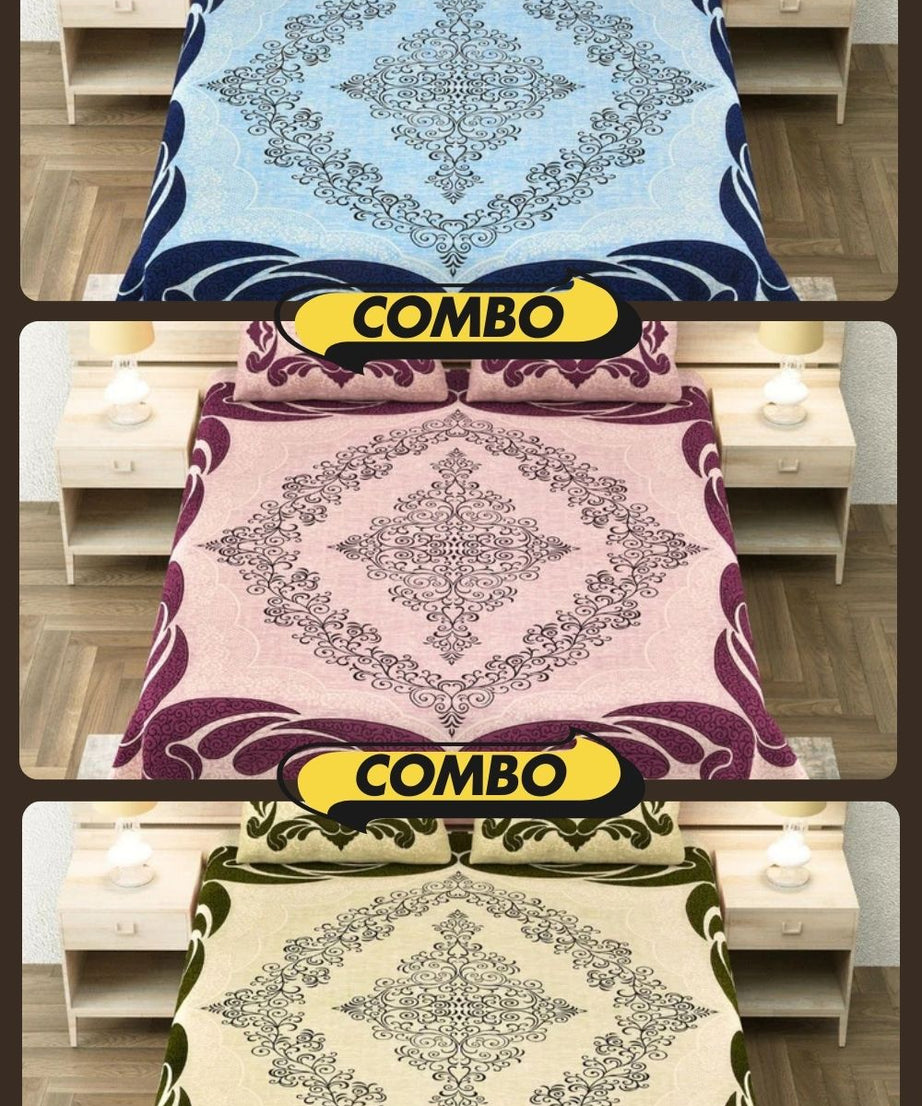 Lakshmi Rath Sapphire Petal Dream and Emerald Glory Pure Cotton King Size Bedsheet Combo of 3
